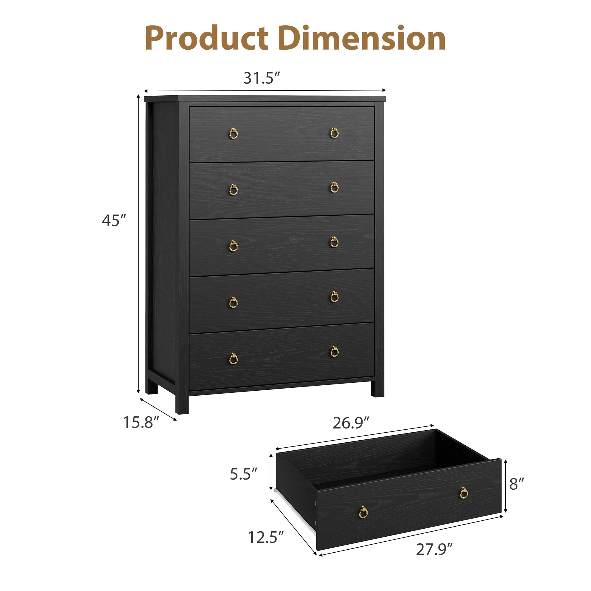 5 Drawer Modern Dresser, 45" Tall Wooden Storage Cabinet & TV Stand for Bedroom Nursery Entryway