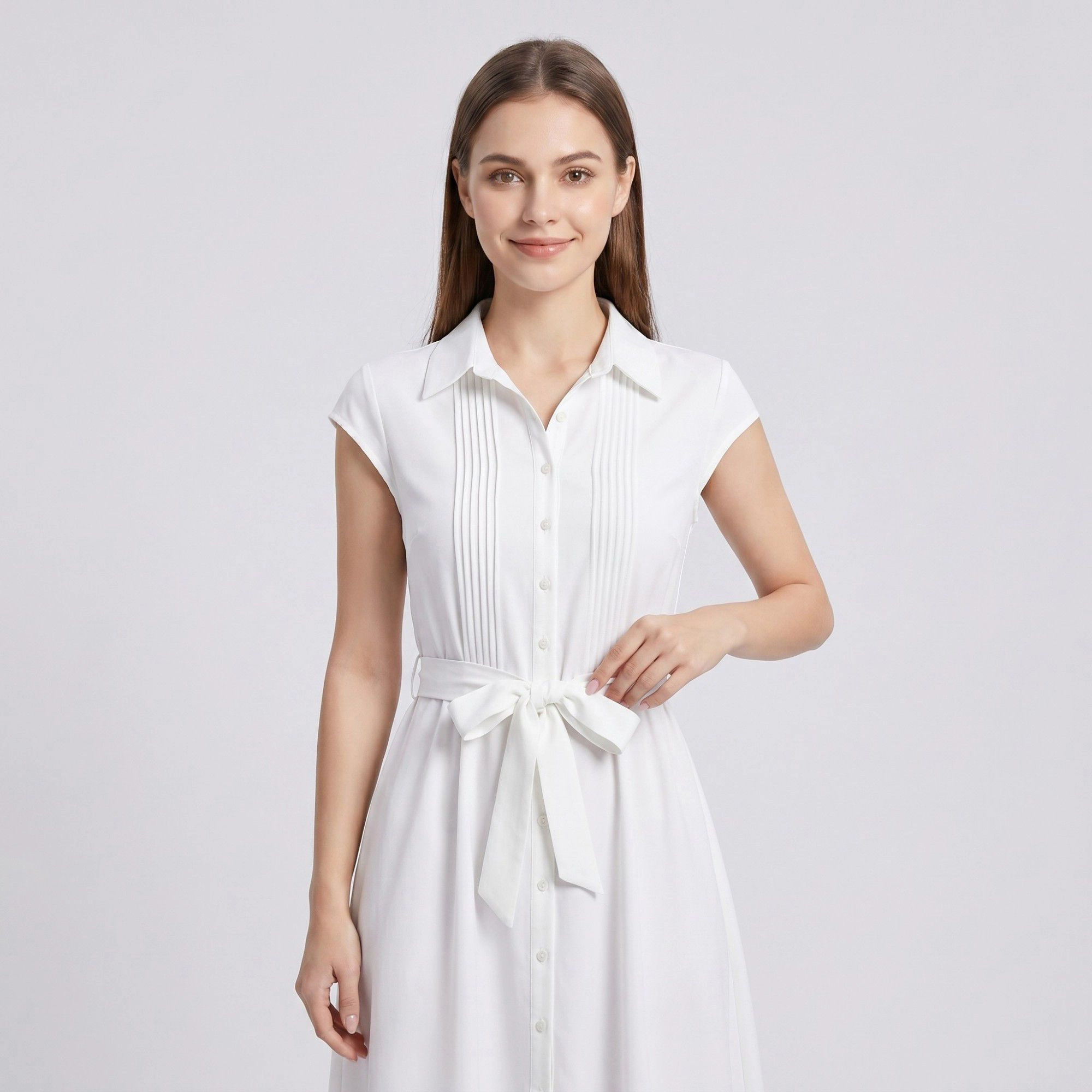 Anna-Kaci Women's Collared Button Front Cap Sleeve Midi Pintuck Bodice Tie Waist Shirt Dress