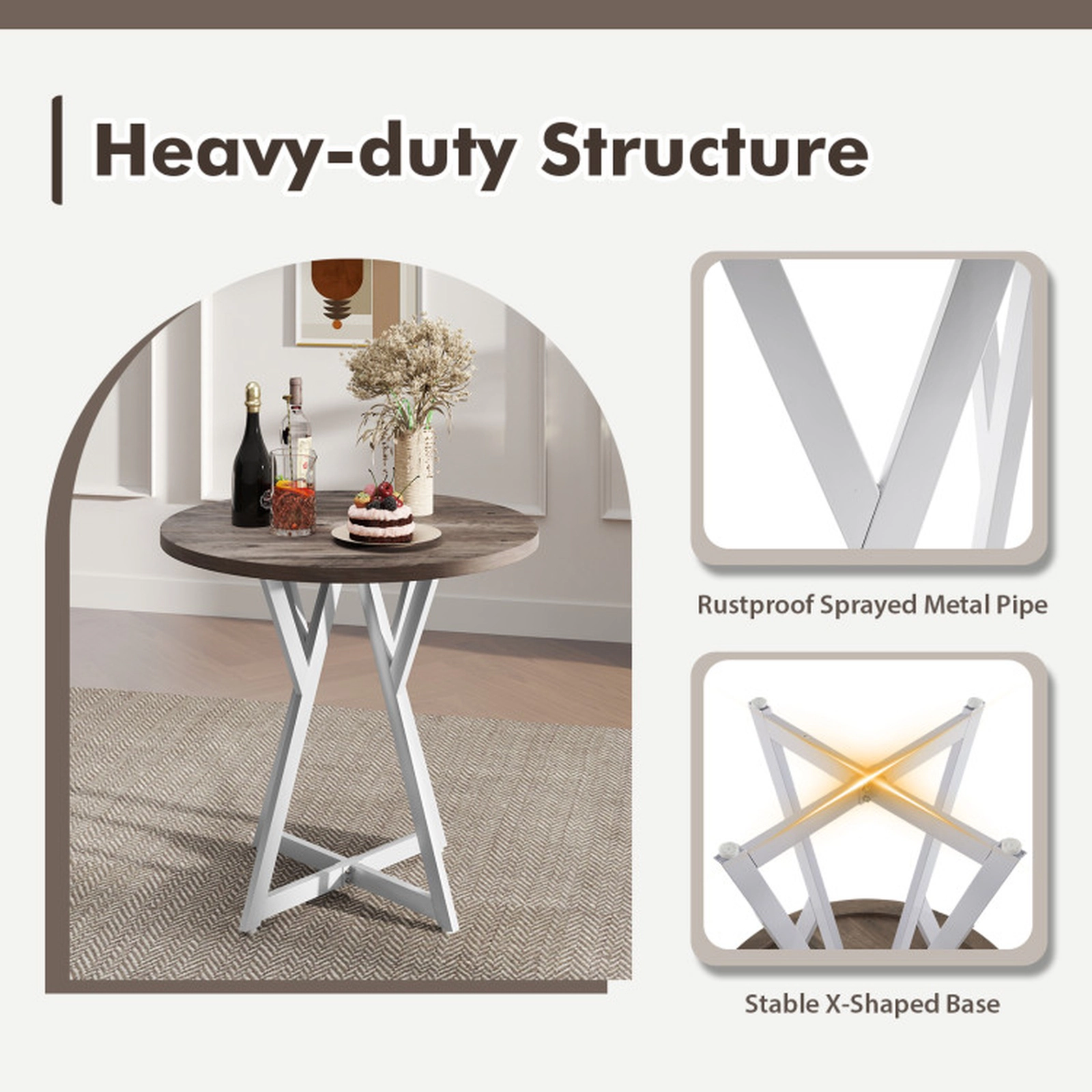 SUGIFT 31.5-Inch Brown Round Dining Table for 2 with Metal X-Pedestal Base