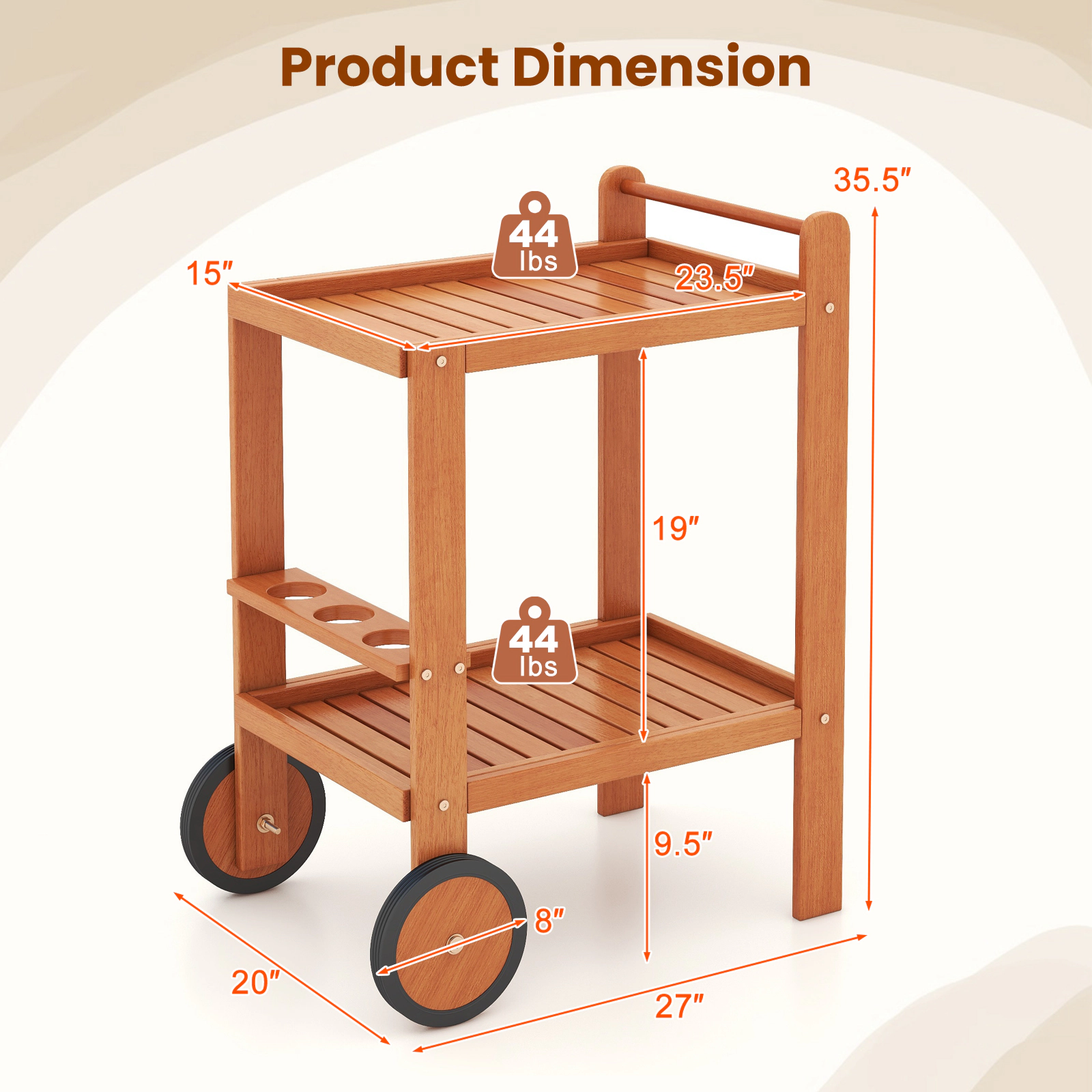 SUGIFT 2 Tier Rolling Hardwood Serving Cart with Wine Bottle Holders 44-lb Tier Capacity Natural