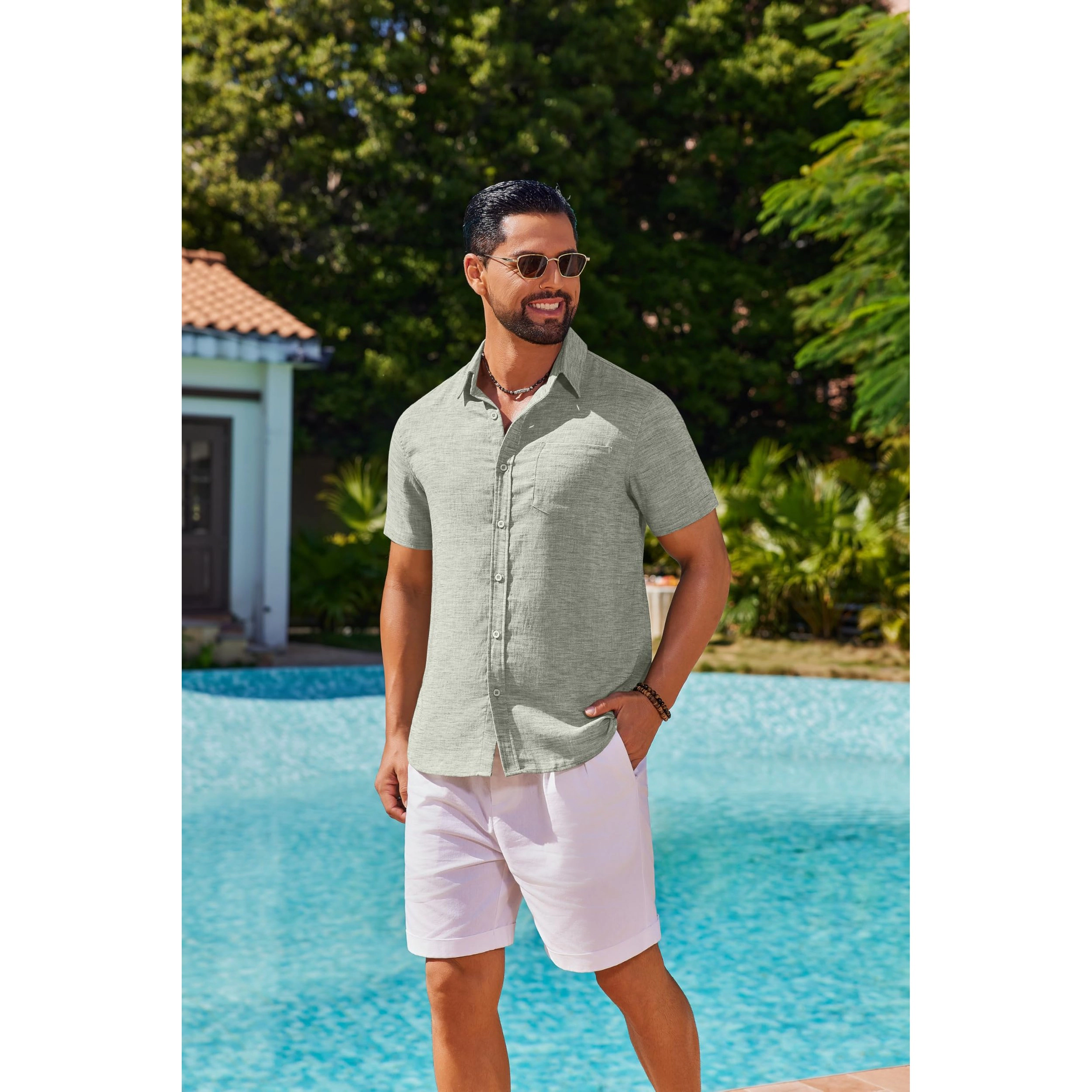 COOFANDY Men's Regular Fit Lightweight Linen Blend Short Sleeve Button Down Camp Shirt