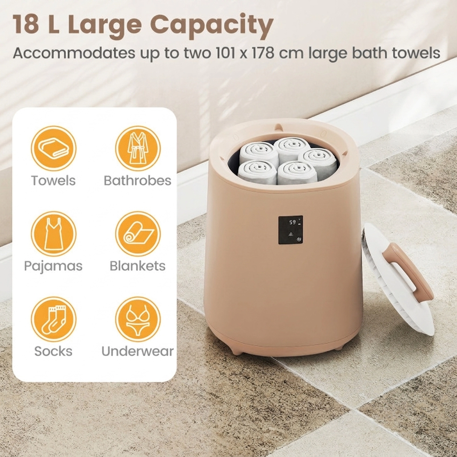 SUGIFT 18L Large Towel Warmer Bucket with LED Display and Auto Shut Off 20-in Tall Brown Pink Yellow White