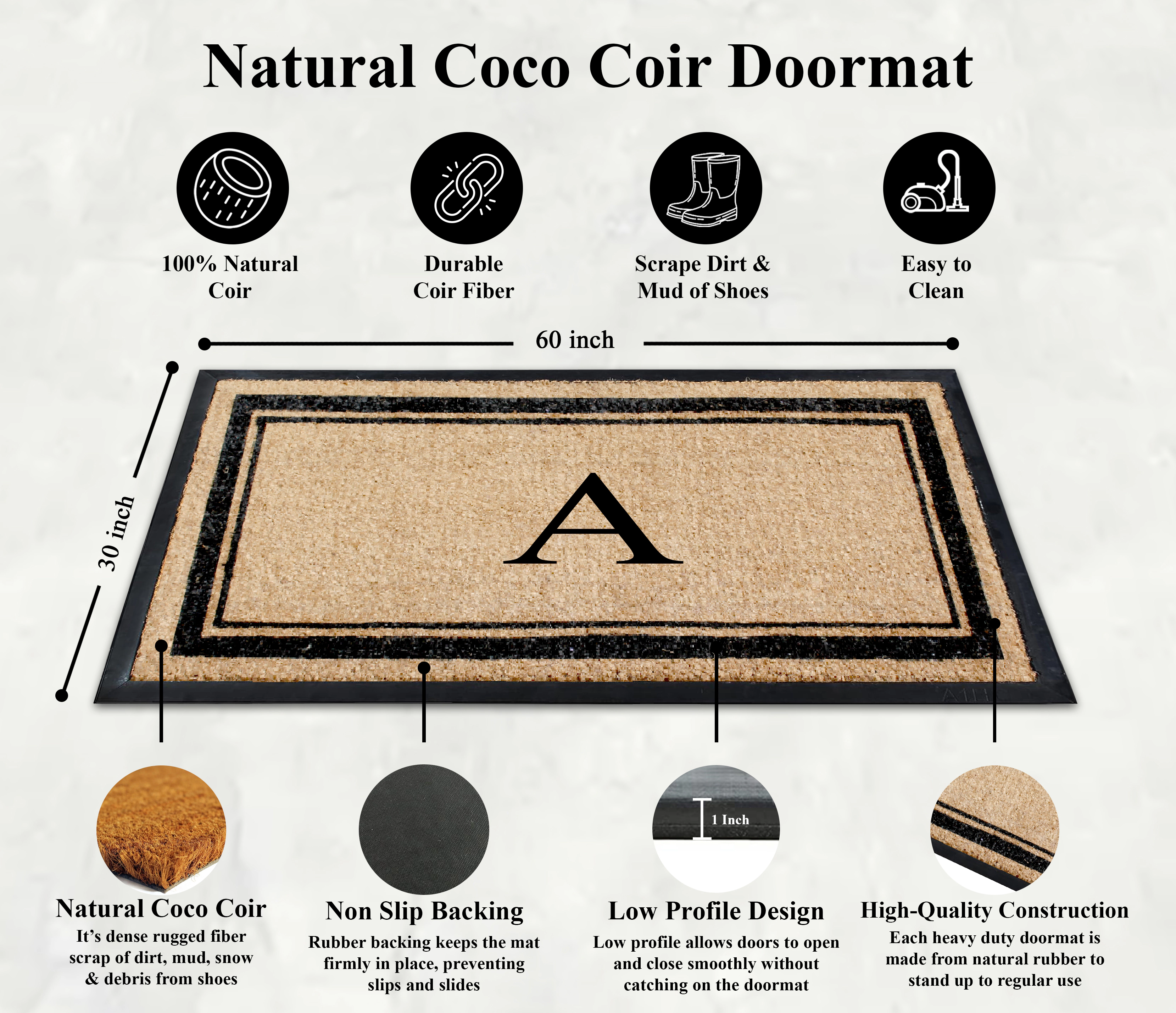 A1 Home Collections Hand Flocked Natural Coir Doormat Rubber Backing 30x60 Monogrammed Letter T