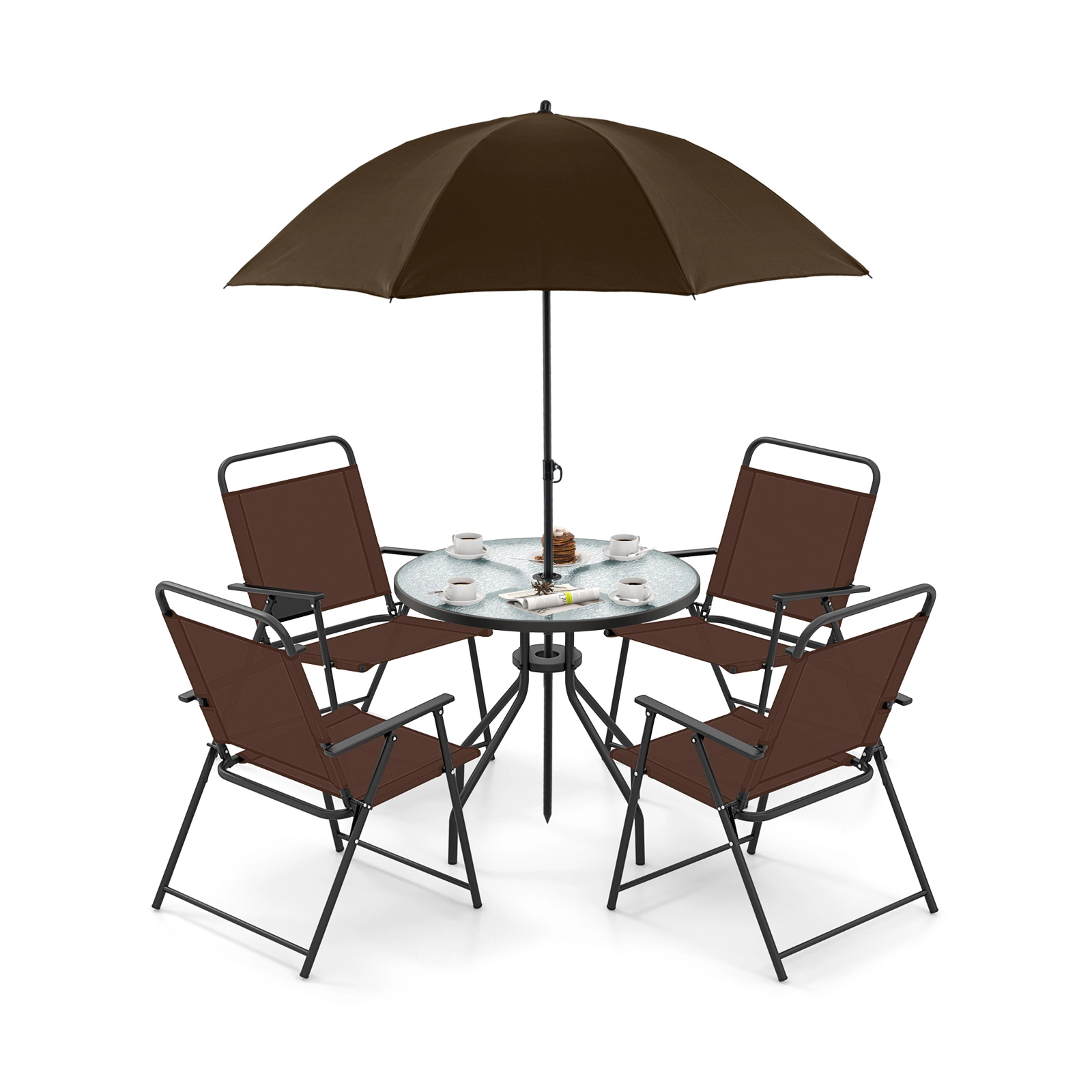 SUGIFT 6-Piece Patio Dining Set with Folding Chairs Glass Table 110-lb Table Capacity 71 x 78-in Umbrella Coffee