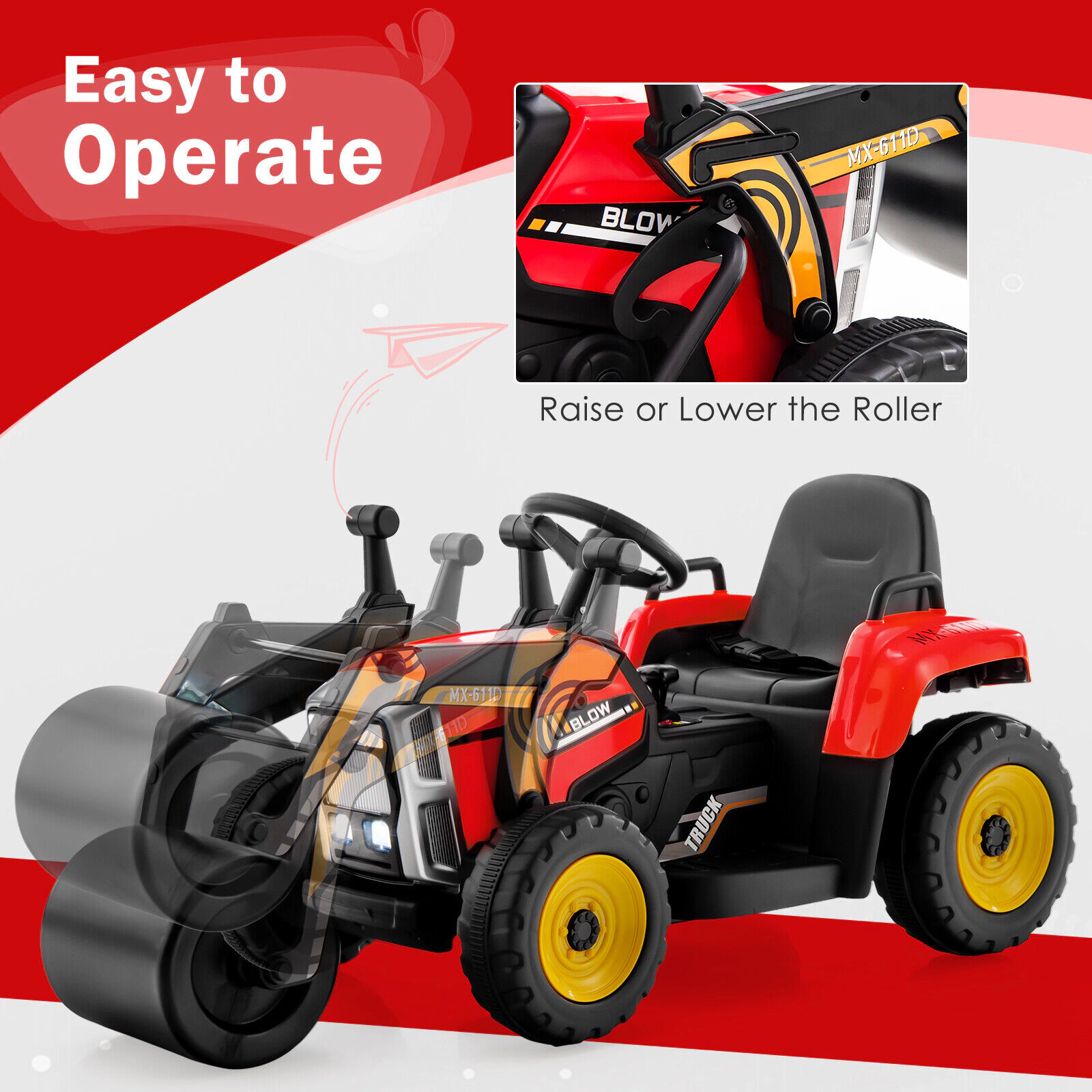 SUGIFT 12V Ride On Road Roller with 2.4G Remote Control 66-lb Capacity Ages 3-8 49-in Ride-On Car Red