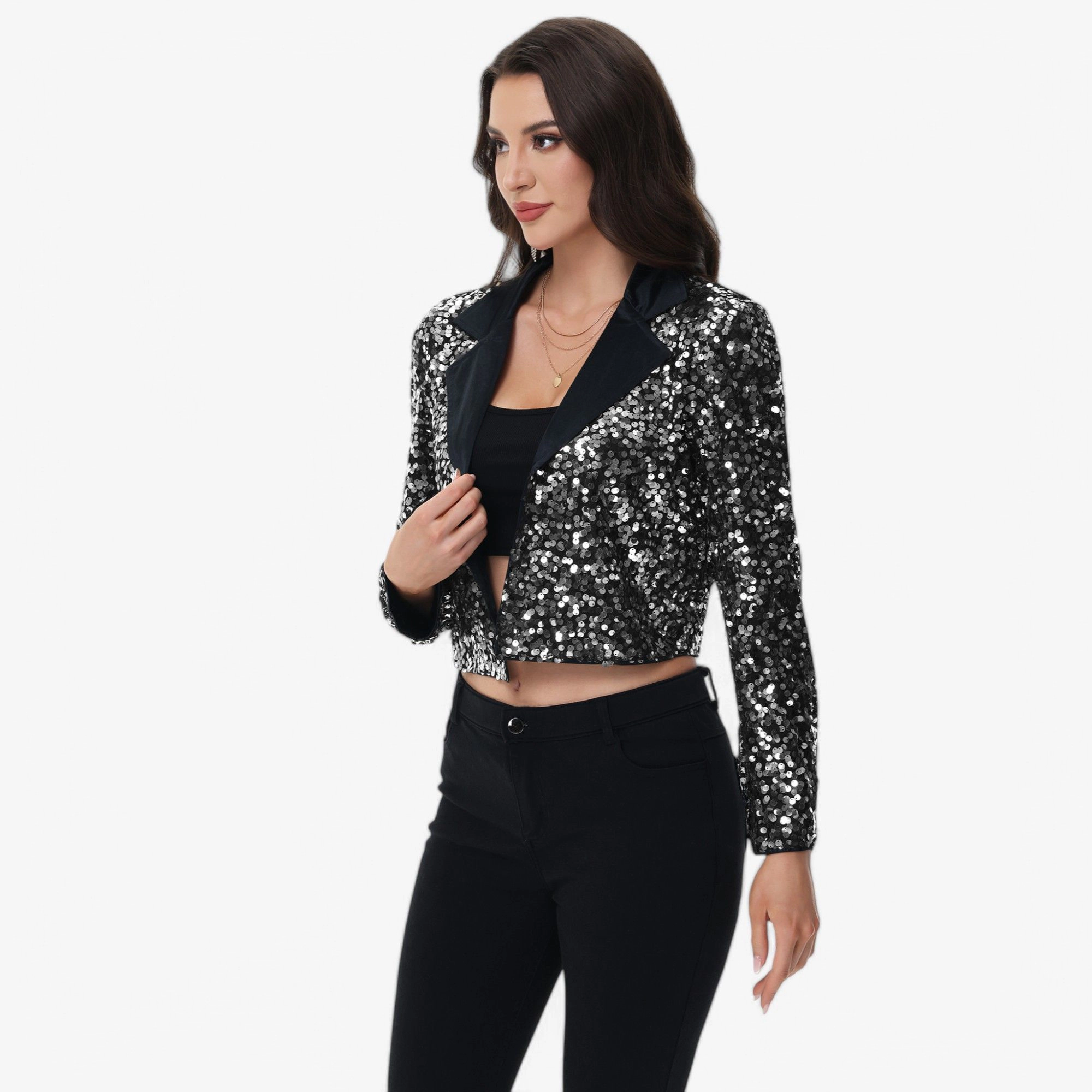 Anna-Kaci Women's Sequin Cropped Blazer Long Sleeve Sparkly Open Front Jacket