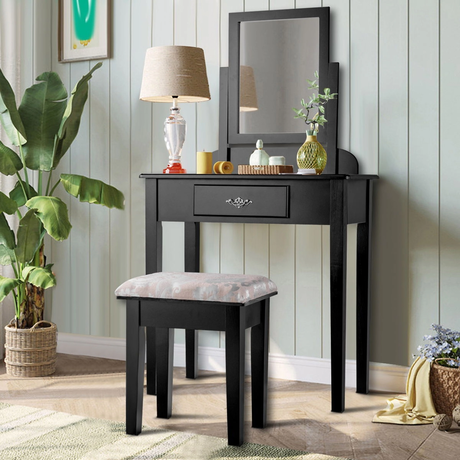 SUGIFT Black Vanity Dressing Table and Stool Set with 19-Inch Mirror