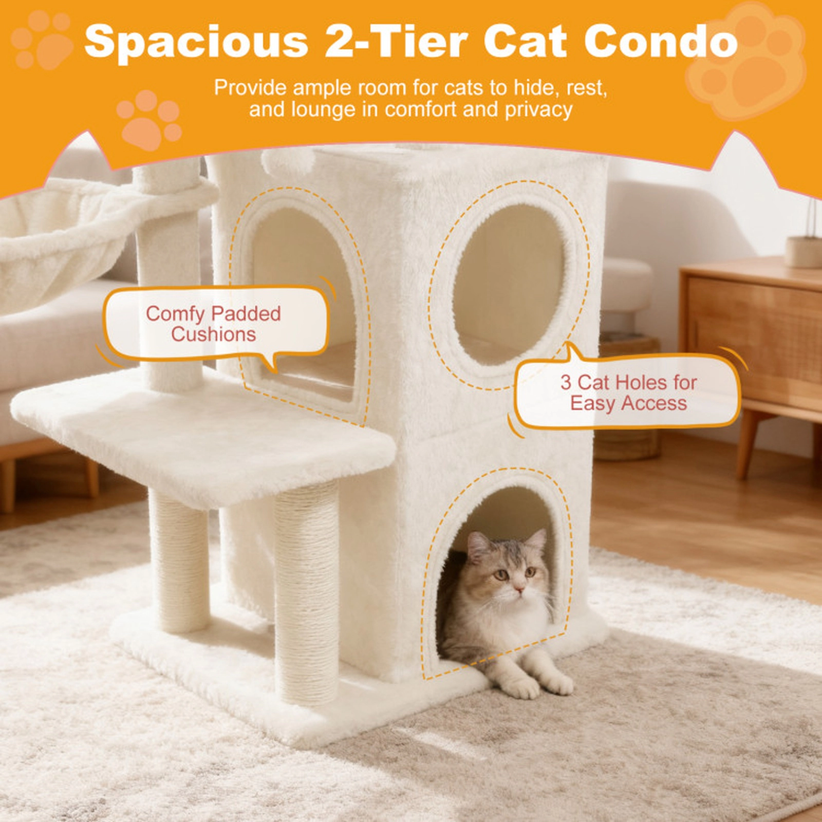 SUGIFT 33.5-in Kitten Tower Cat Tree with 2-Tier Condo and Padded Top Perch 22-lb Capacity per Layer Beige