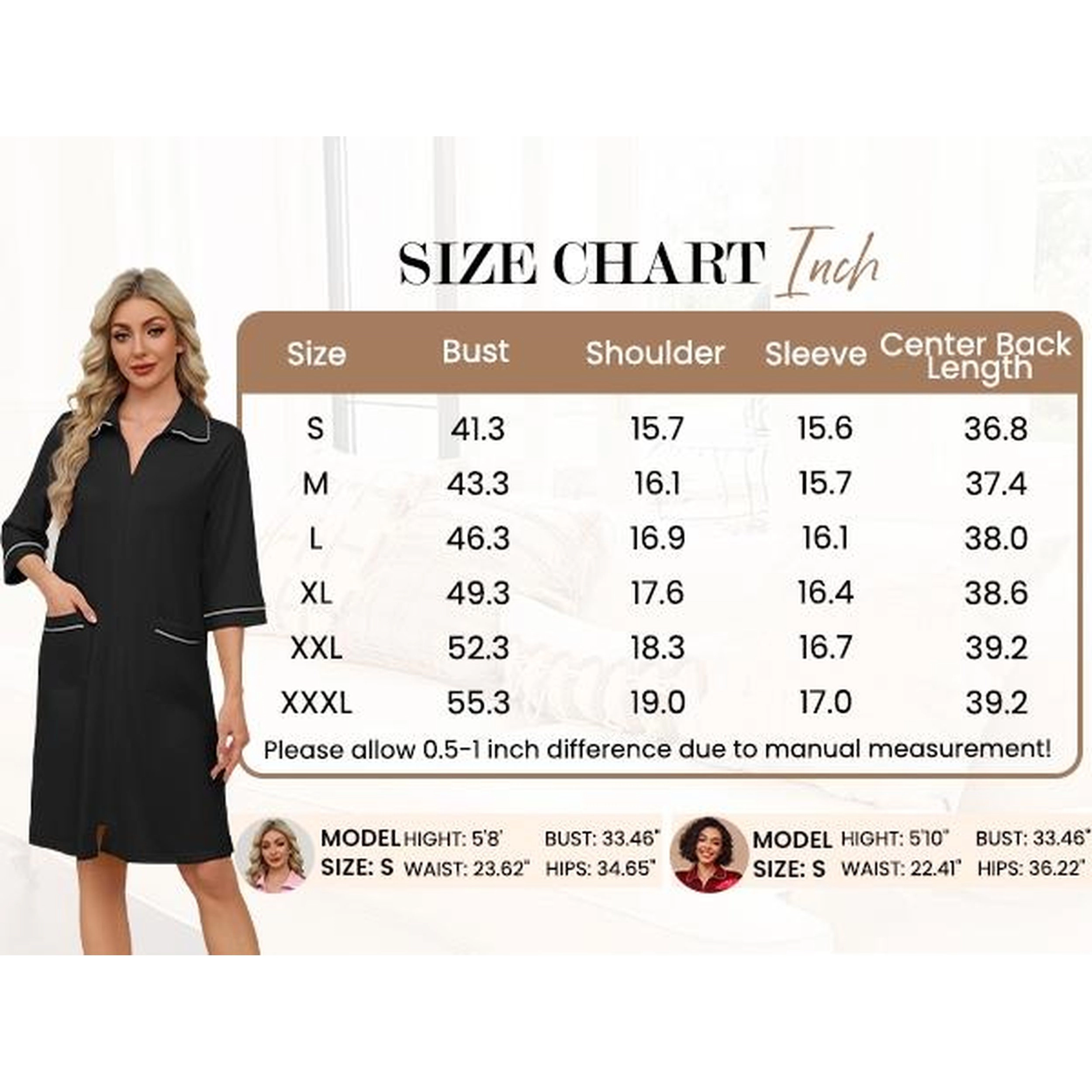 Ekouaer Zipper Robes for Women Three Quarter Sleeve Housecoats Knee Length Bathrobe Nightgown