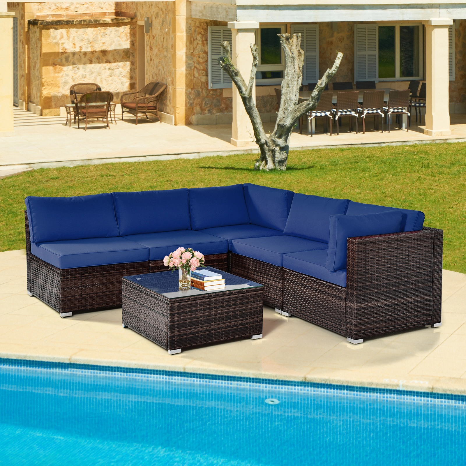 SUGIFT 6-Piece Navy Patio Wicker Sectional Set with 25.5-in Glass Coffee Table 12.5-in Seat H 400-lb Sofa Capacity