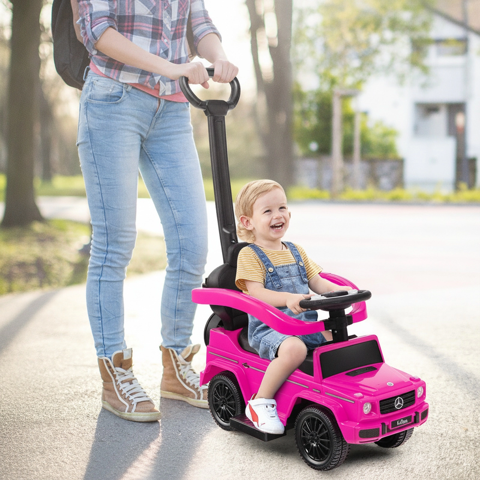 3-in-1 Toddler Push Car Pink Retractable Footrest Canopy Horn Engine Sounds Baby Stroller 18-36 Months 55-lb Limit