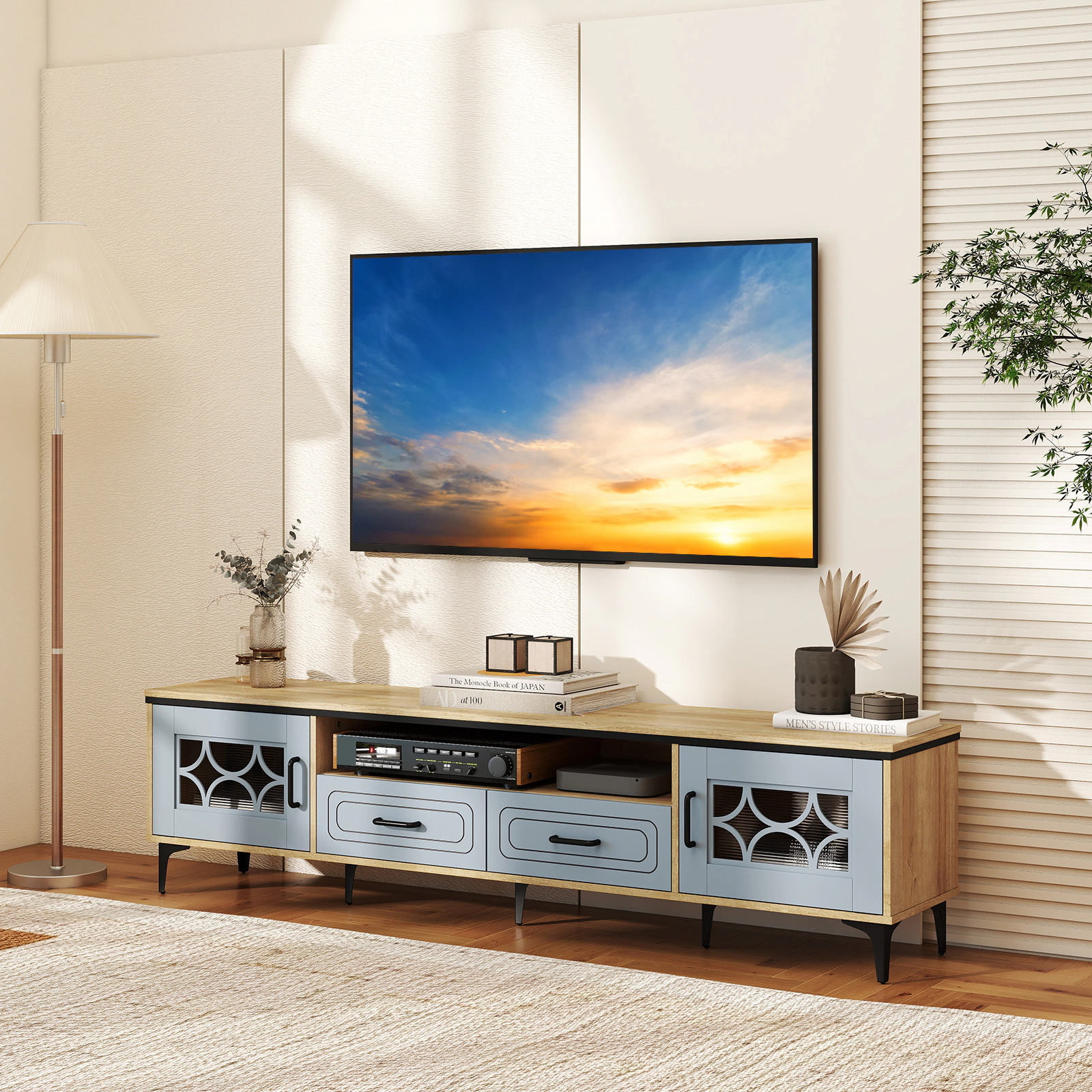 SUGIFT Farmhouse TV Stand for TVs up to 80 Inch with 2 Drawers and Cabinets 110-lb Tabletop Capacity Oak and Gray