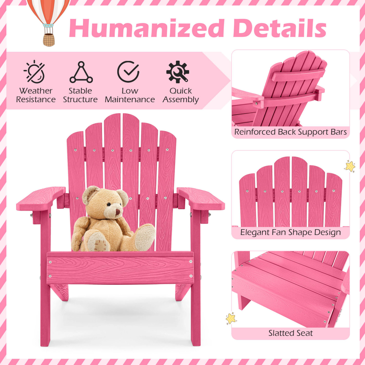 LJG Set of 2 Kids Adirondack Chairs All-Weather Outdoor for Children with Tilted High Backrest