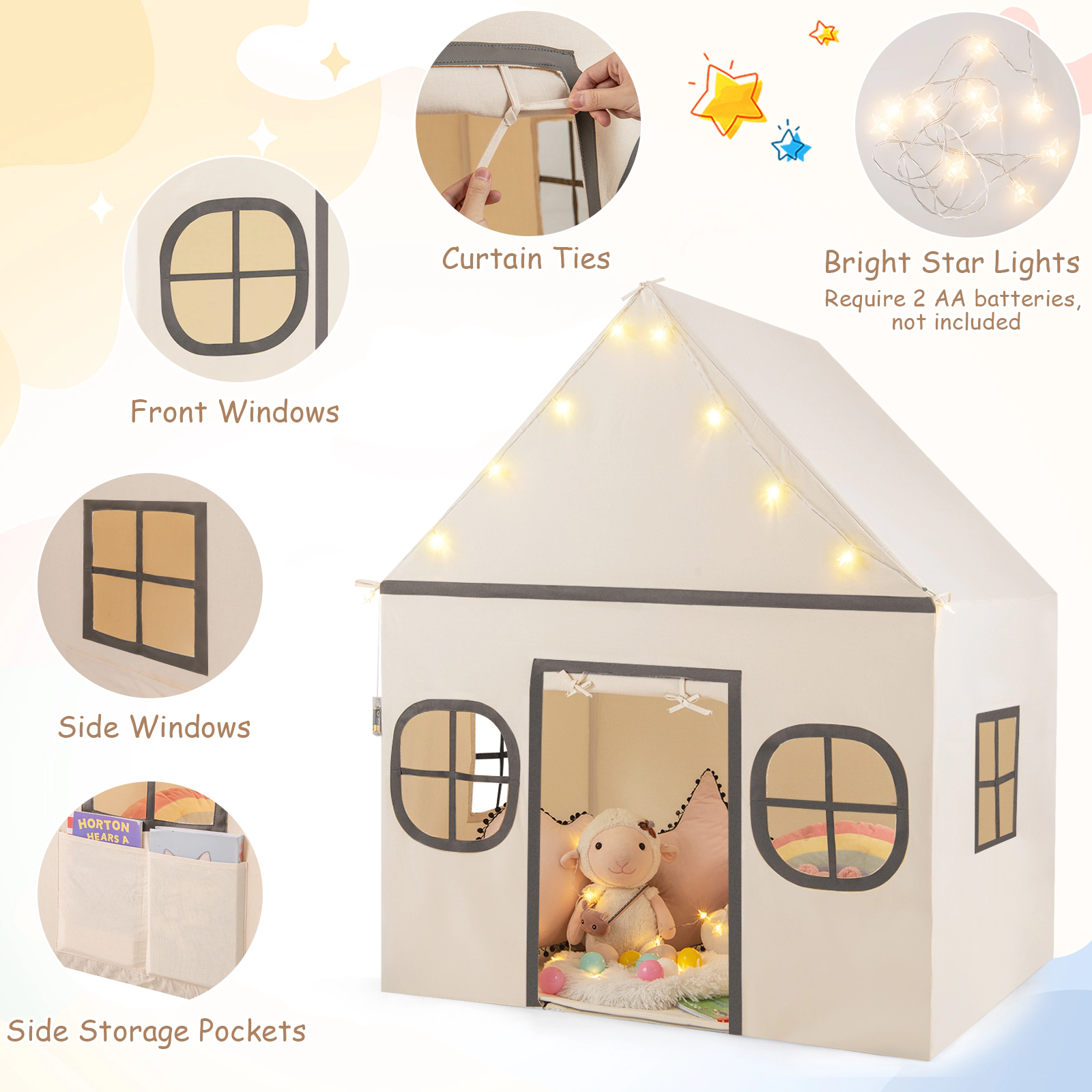 SUGIFT 47-in Large Kids Play Tent Playhouse with Door Curtain Windows and Star Lights Ages 3+ Beige and Gray