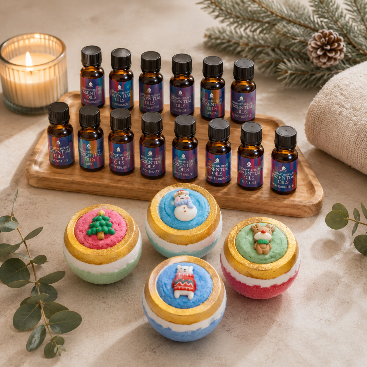 Pursonic Unisex Holiday Aromatherapy Self-Care Gift Bundle with Bath Bombs & Essential Oil Gift Set