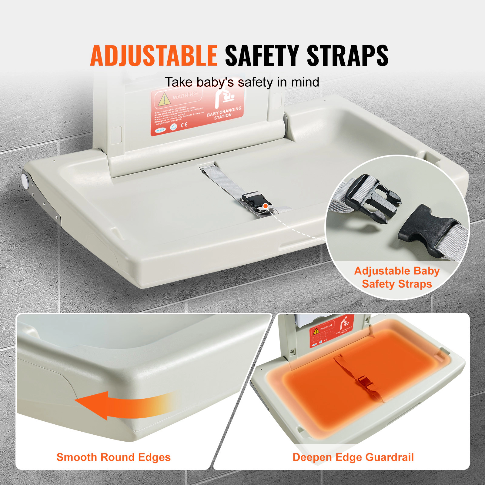HONGGE Wall-Mounted Baby Changing Station with L-Shaped Fold, Safety Strap, for Commercial Bathrooms & Daycares