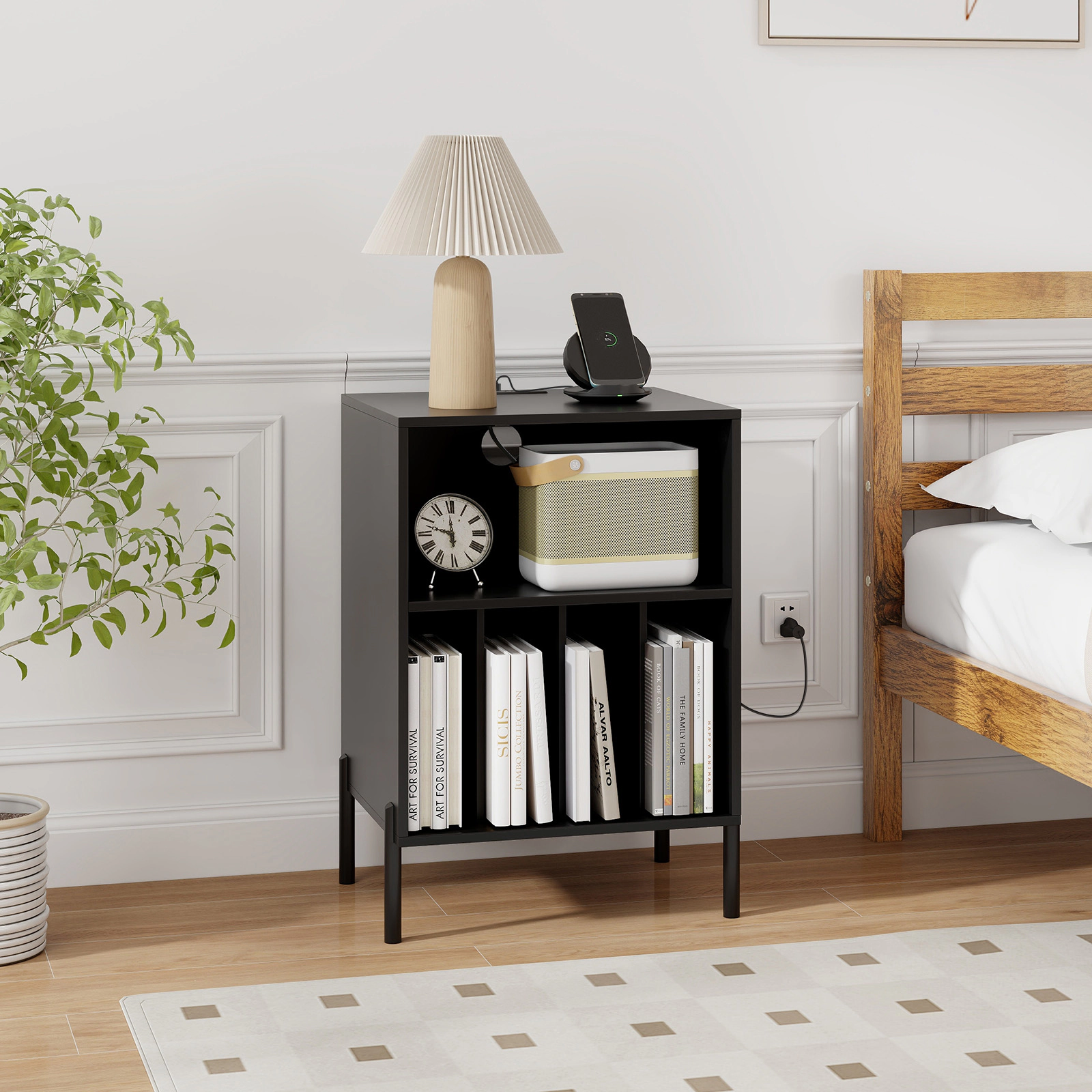 LJG Record Player Stand with Storage Shelf and Charging Station