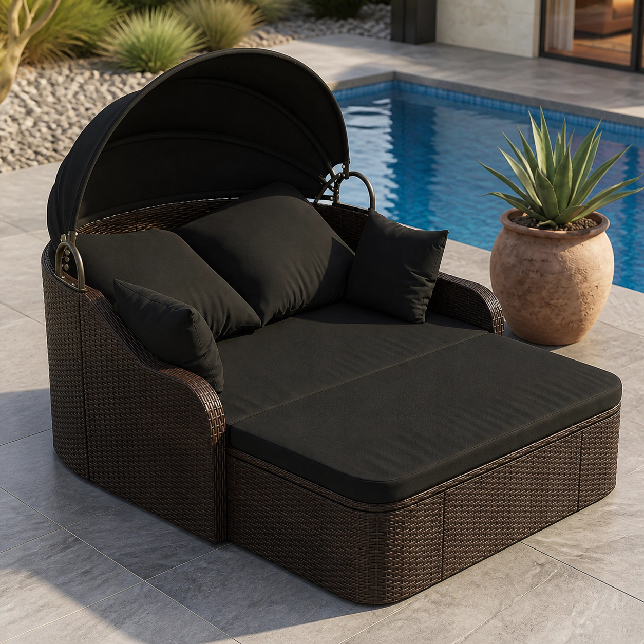SUGIFT Black PE Rattan Patio Daybed with Retractable Canopy, Loveseat and Coffee Table