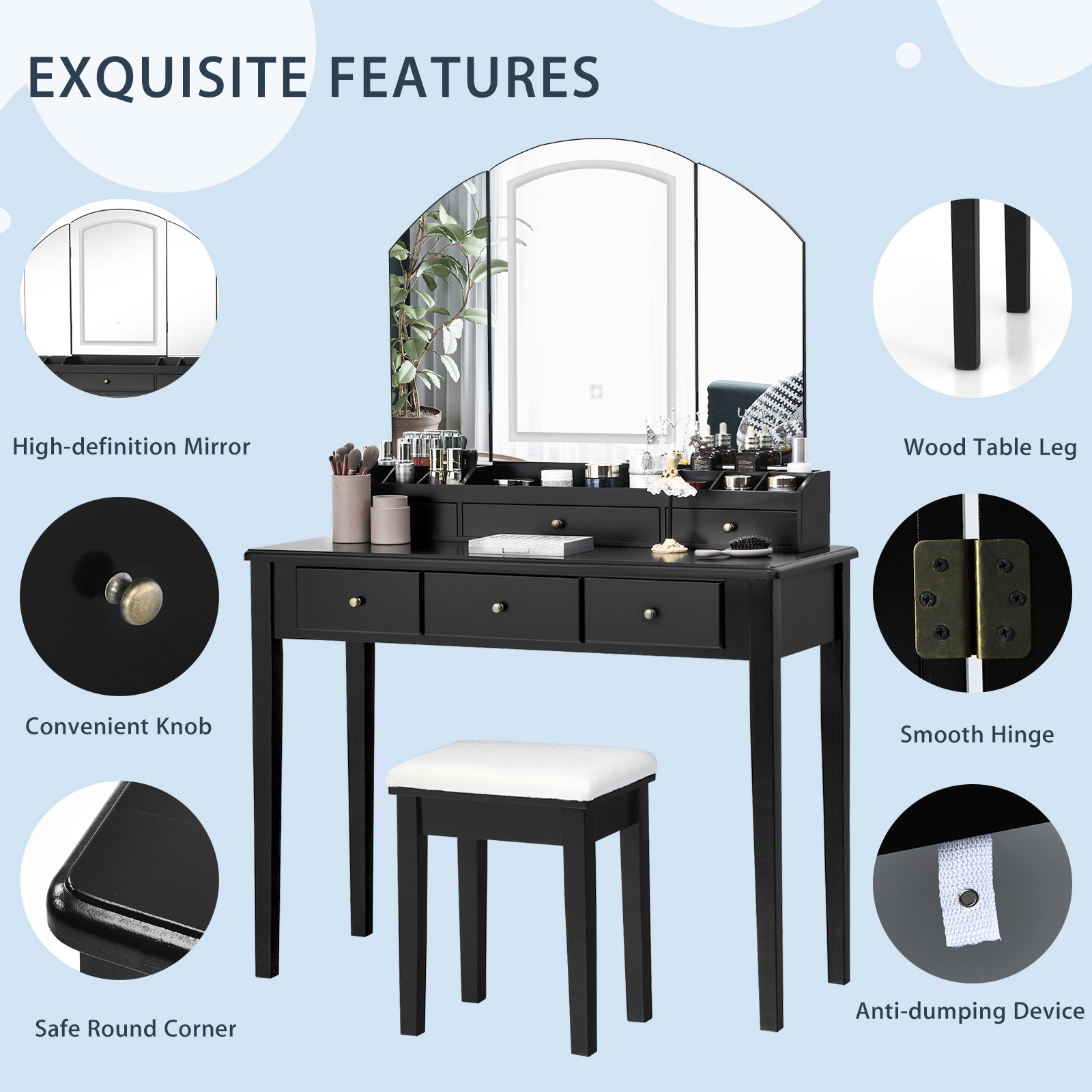 SUGIFT Tri-Folding Lighted Mirror Vanity Table and Stool Set 40-in Wide 110-lb Desktop Capacity 2-Piece Black