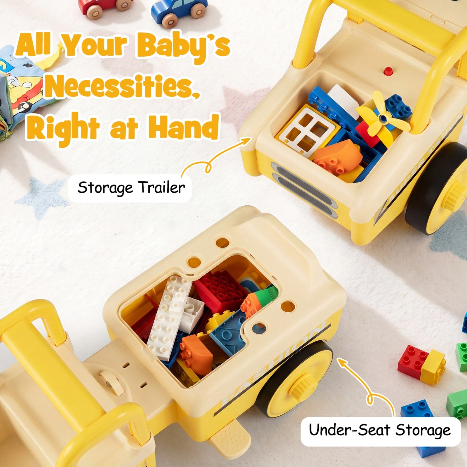 4-in-1 Kids Ride on Push Car Detachable Trailer 10 Songs Under Seat Storage Backrest Ages 1.5-5 45-lb Seat Load