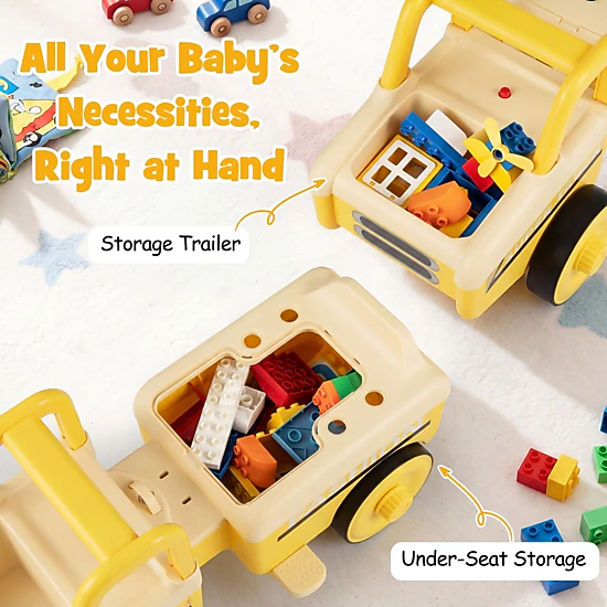 4-in-1 Kids Ride on Push Car Detachable Trailer 10 Songs Under Seat Storage Backrest Ages 1.5-5 45-lb Seat Load