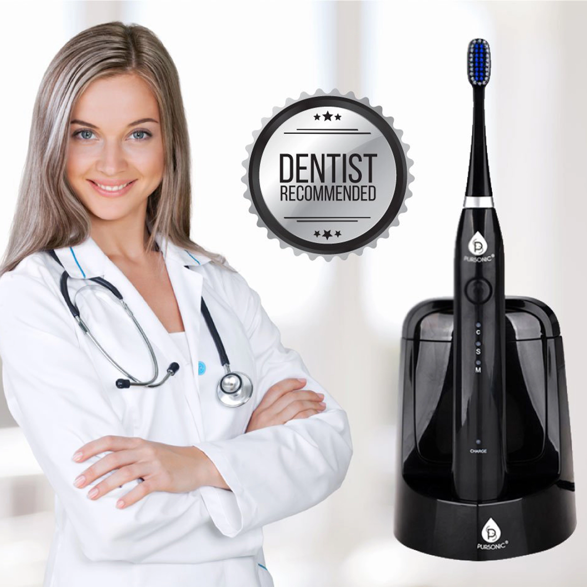 Pursonic Unisex S750 Electric Smart Series Electronic Power Rechargeable Battery Toothbrush with UV Sanitizing Function, Includes 12 Brush Heads