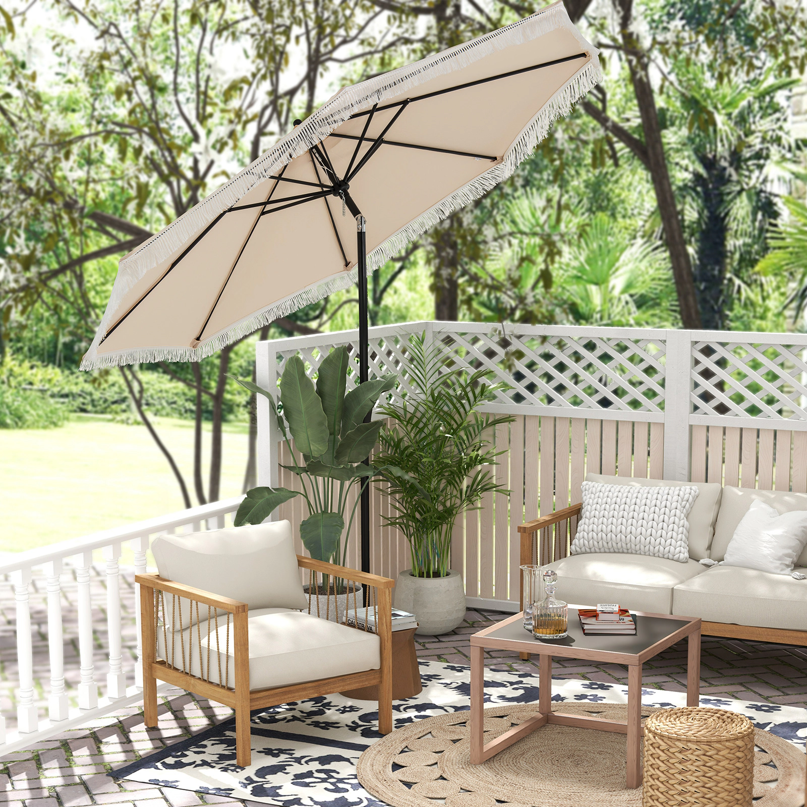SUGIFT Sun-Protective 9-ft Patio Umbrella with Tilt, Crank Handle and Vented Polyester Canopy 12-lb Beige