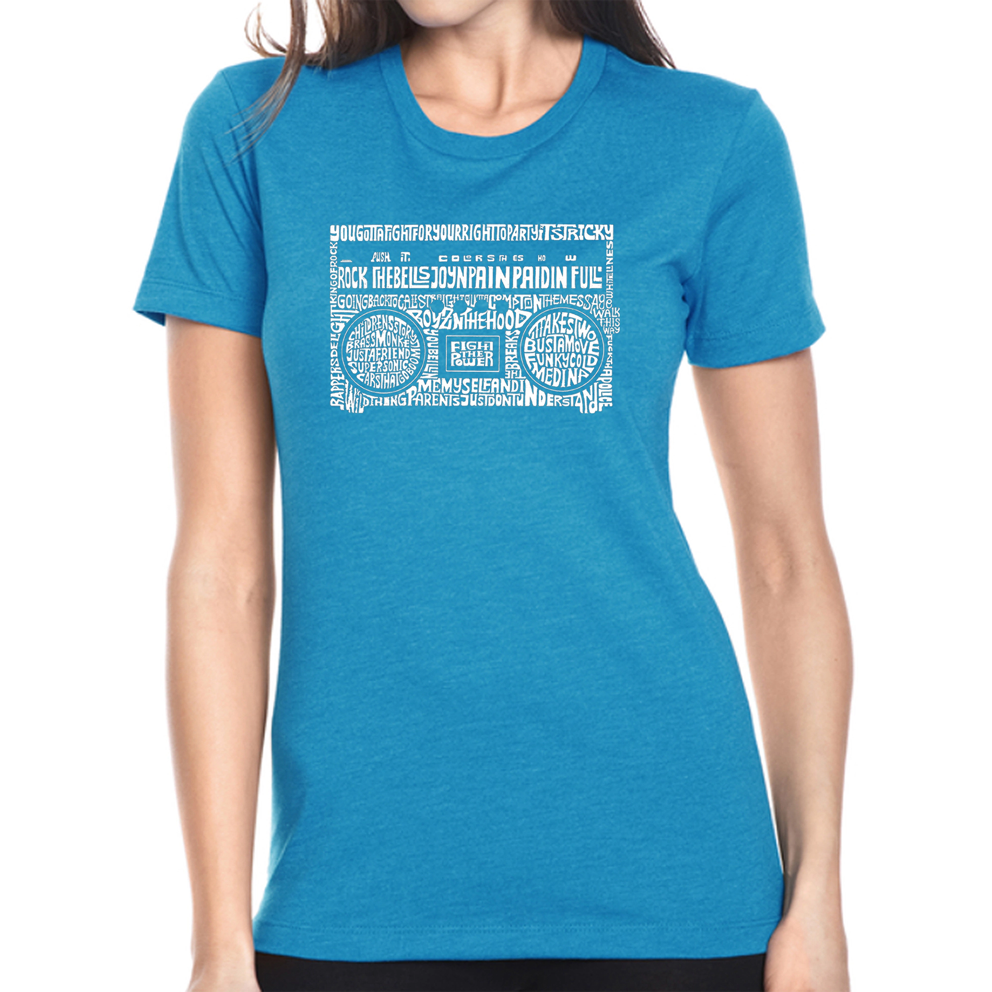 LA Pop Art Women's Cotton/Poly Blend Word T-Shirt - Greatest Rap Hits of The 1980's
