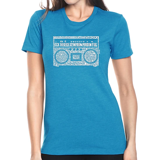 LA Pop Art Women's Cotton/Poly Blend Word Art T-Shirt - Greatest Rap Hits of The 1980's