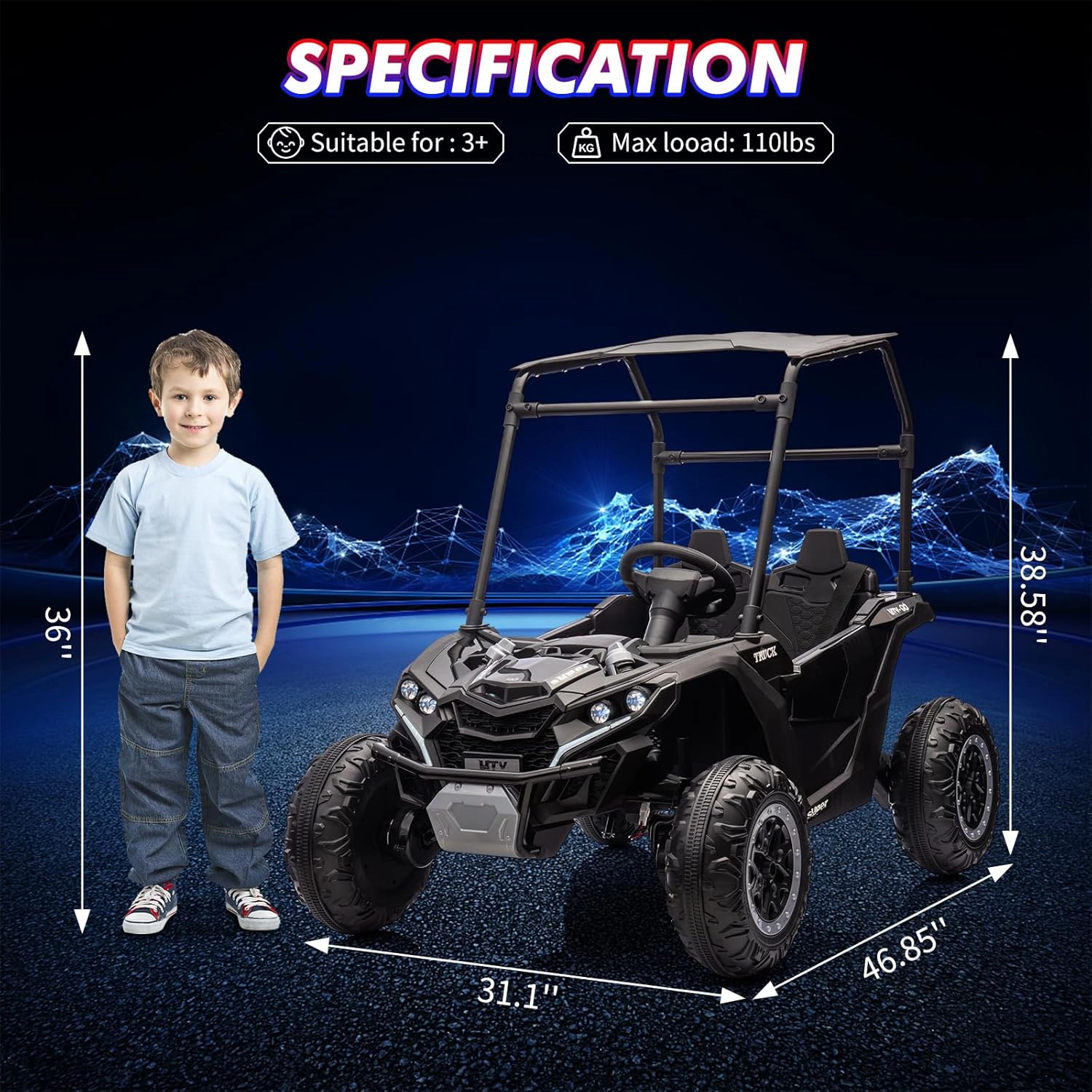 Enjyam 24V 4WD 2-Seater Kids Ride-On UTV w/Sun Shade, Remote Control, LED Lights, Music, Shock Absorbers, 4×75W  Motors