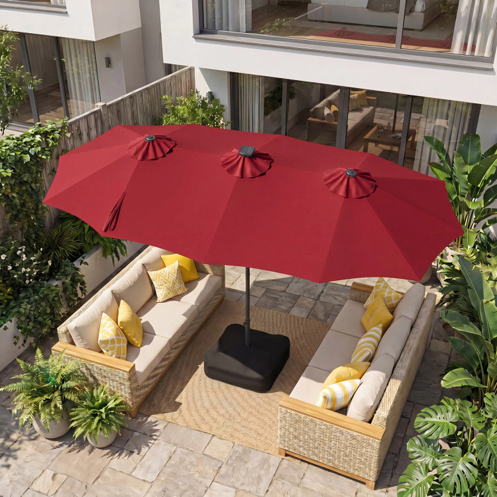SUGIFT 13-ft Wine Rectangular Double-Sided Solar LED Patio Umbrella, 108 Lights, Crank Lift