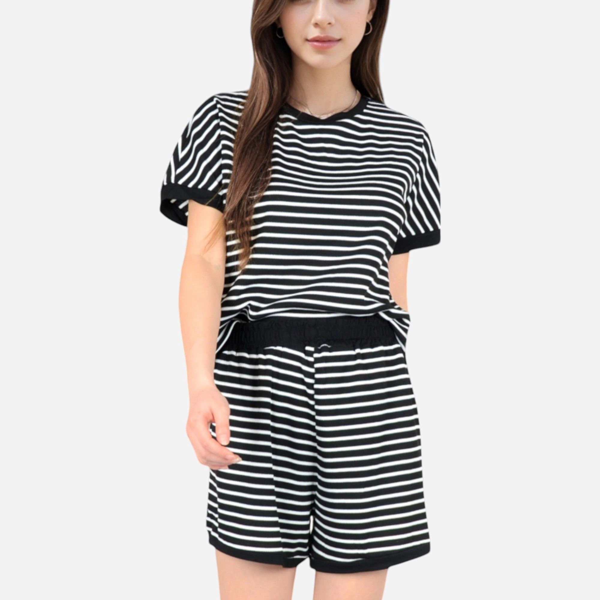 Anna-Kaci Women's Striped Lounge Set with Cuffed Short Sleeve Top and Elastic Waist Shorts