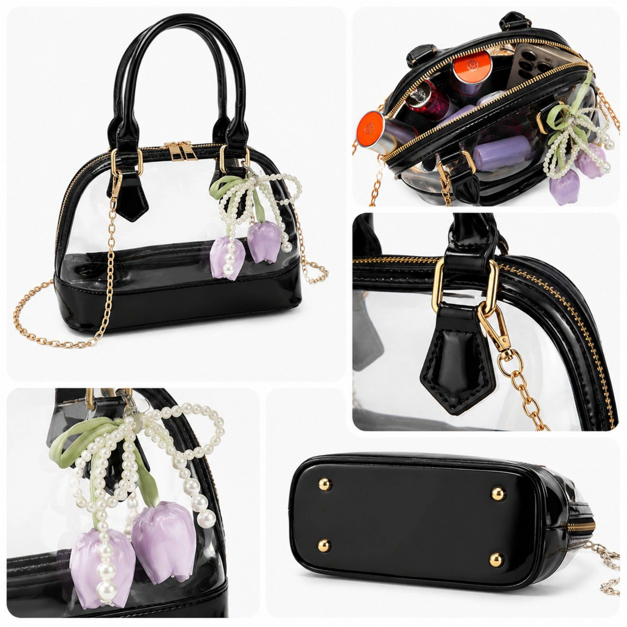 Alilang Women's Clear PVC Mini Satchel Bag with Chain Strap and Floral Pearl Charm