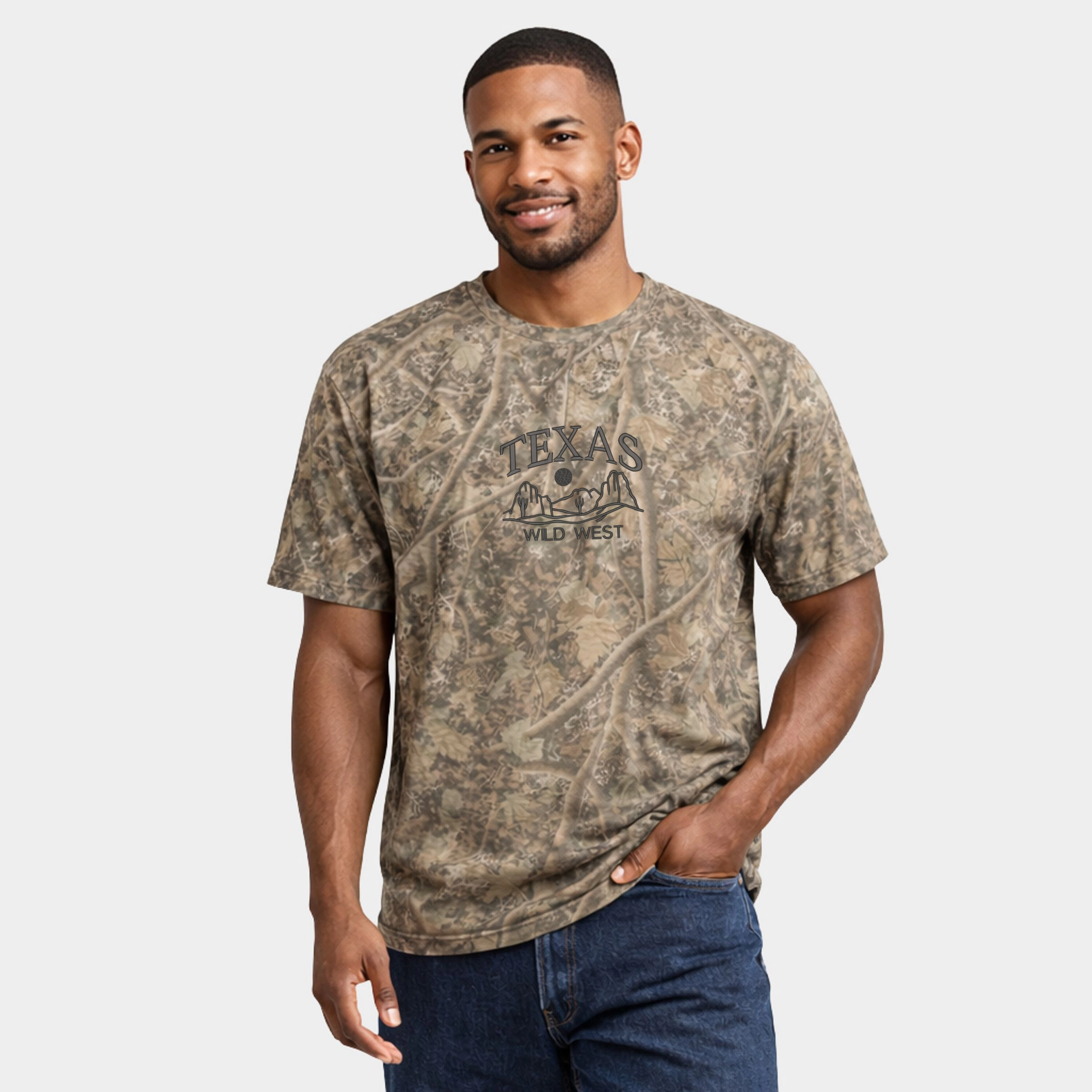 Simply Sage Market - Men's Heavyweight Camo Tee Embroidered Texas Wild West