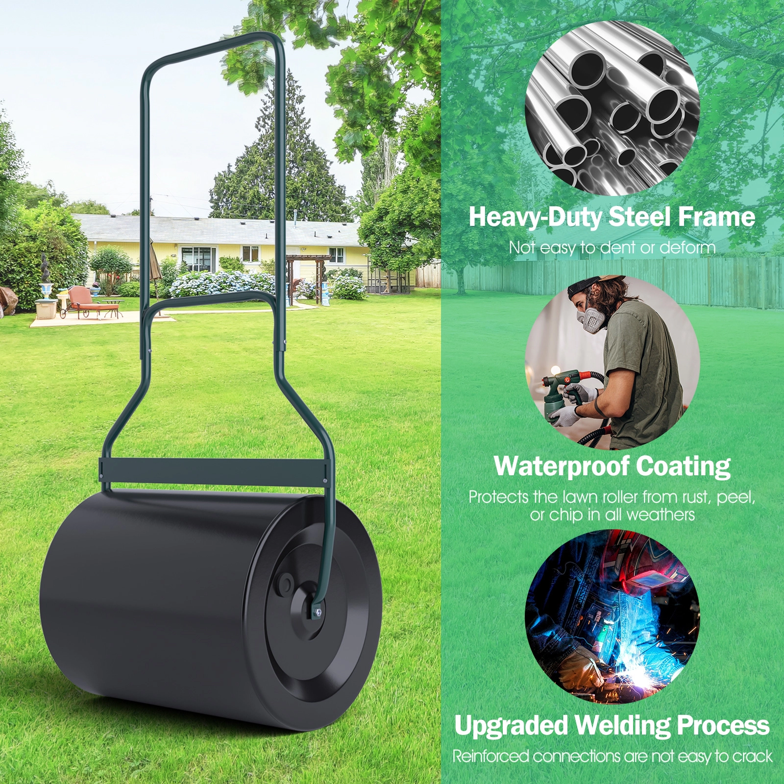 SUGIFT 16-gal Steel Lawn Roller with U-Shaped Handle and 155-lb Water Filled Weight for Garden Backyard