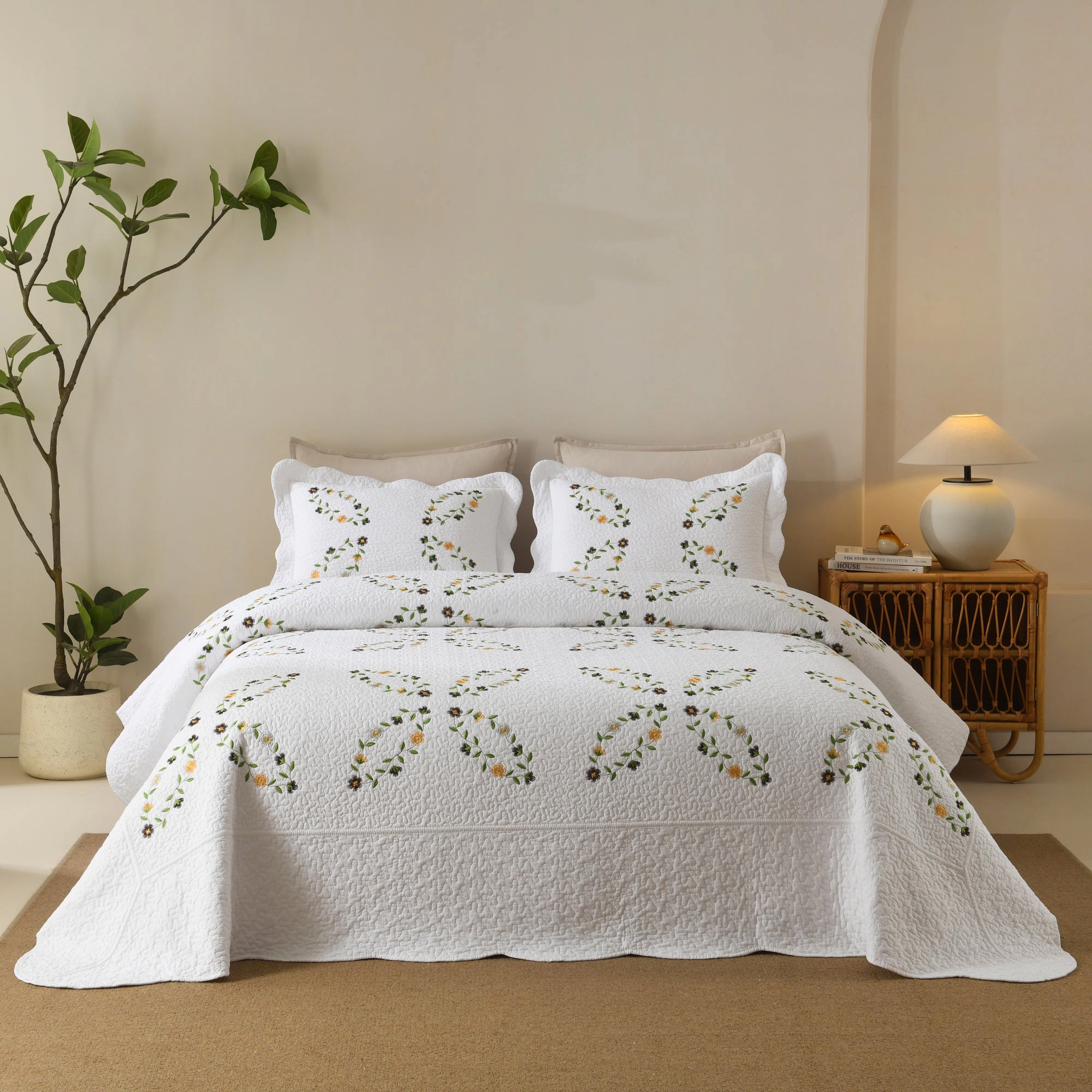 MarCielo 3 Pieces Cotton Cover Floral Vine Embroidered Cottage Quilt Bedspread Set