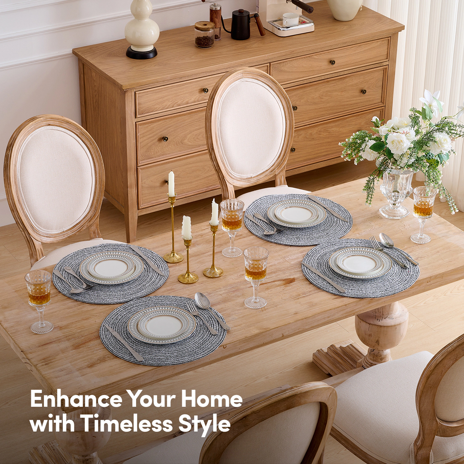 Sweet Home Collection Two Tone Cotton 15" Round Woven Placemat Sets -Pack