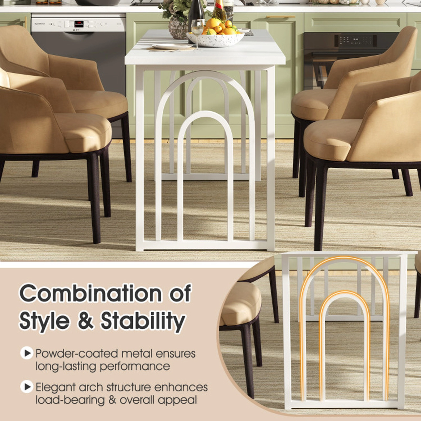 SUGIFT 63-in Rectangular Farmhouse Dining Table for 6-8 People with Arch Metal Frame 330-lb Capacity White