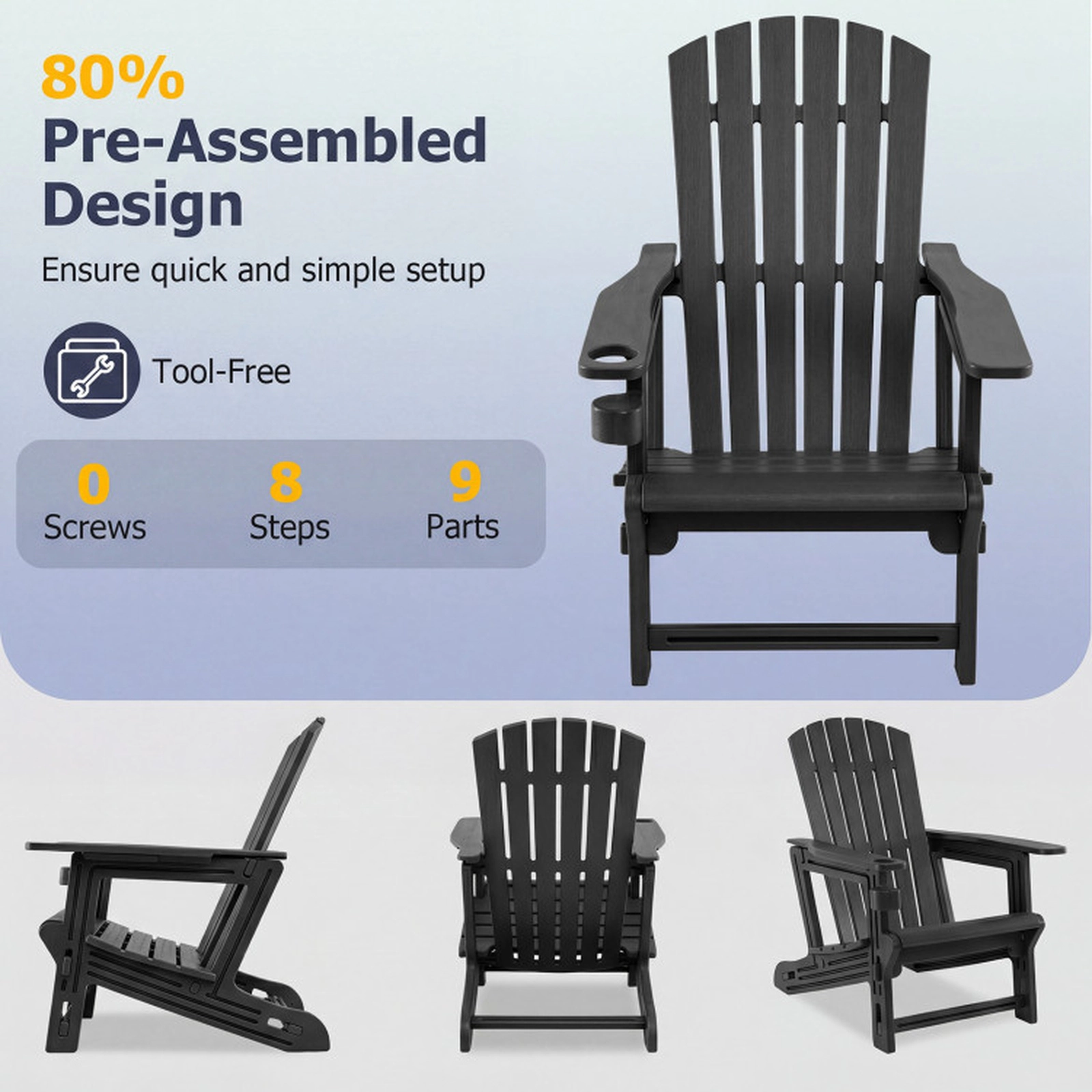 SUGIFT Weather-Resistant Adirondack Chair with Cup Holder 330-lb Capacity High Back Black