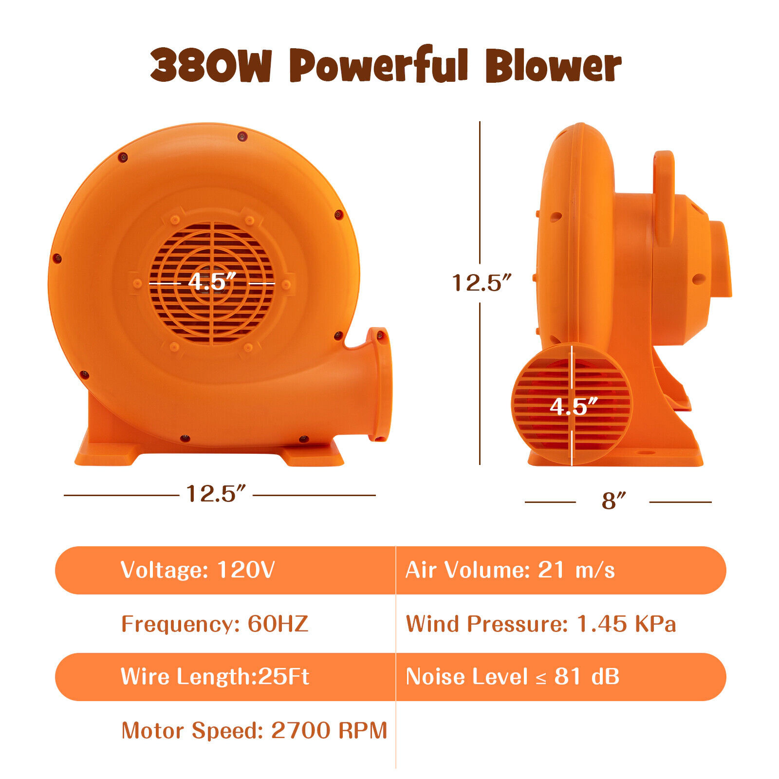 SUGIFT 380W 0.5-HP IPX4 Air Blower for Inflatables with GFCI Plug 25-ft Cord and 2 Ground Stakes