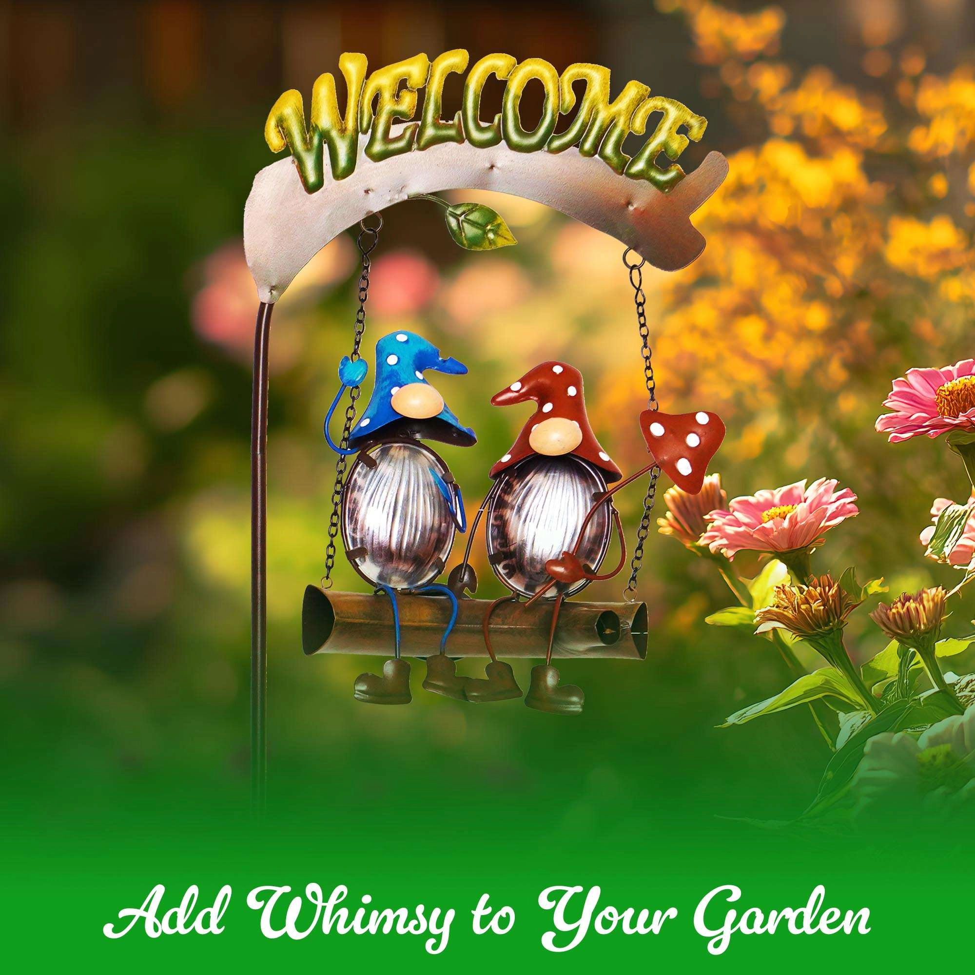 G128 Gnome Solar Garden Stake Light with Welcome Sign - Swinging Gnome Mushroom Yard Decor for Lawn Patio Porch