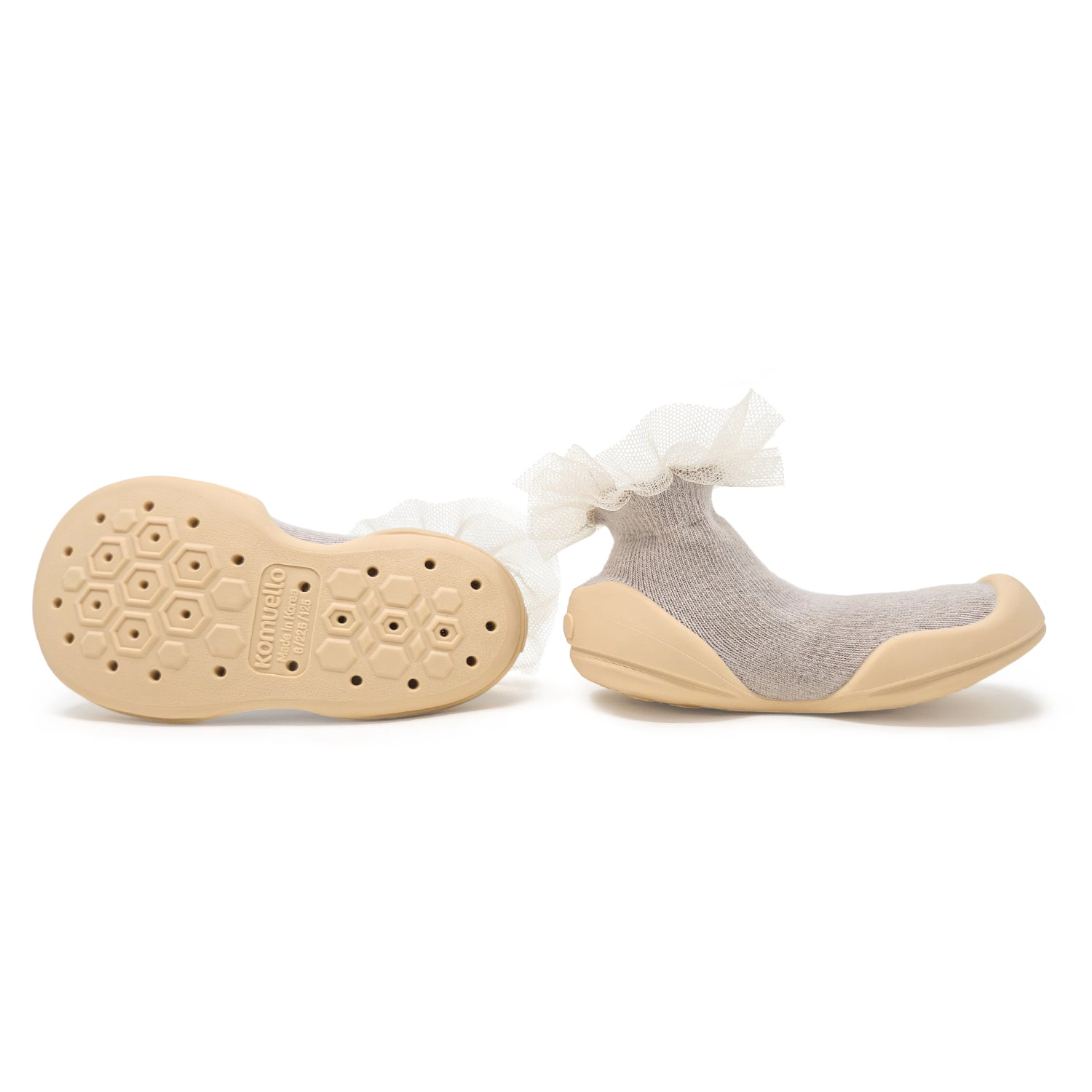 Komuello Toddler Girl First Walk Sock Shoes Lace Trim - Tull Beige