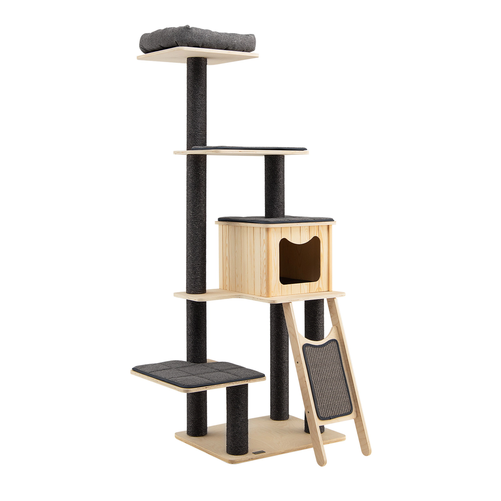 SUGIFT 69 in Wood Cat Tower Gray 5-Tier with Washable Cushions and Sisal Posts
