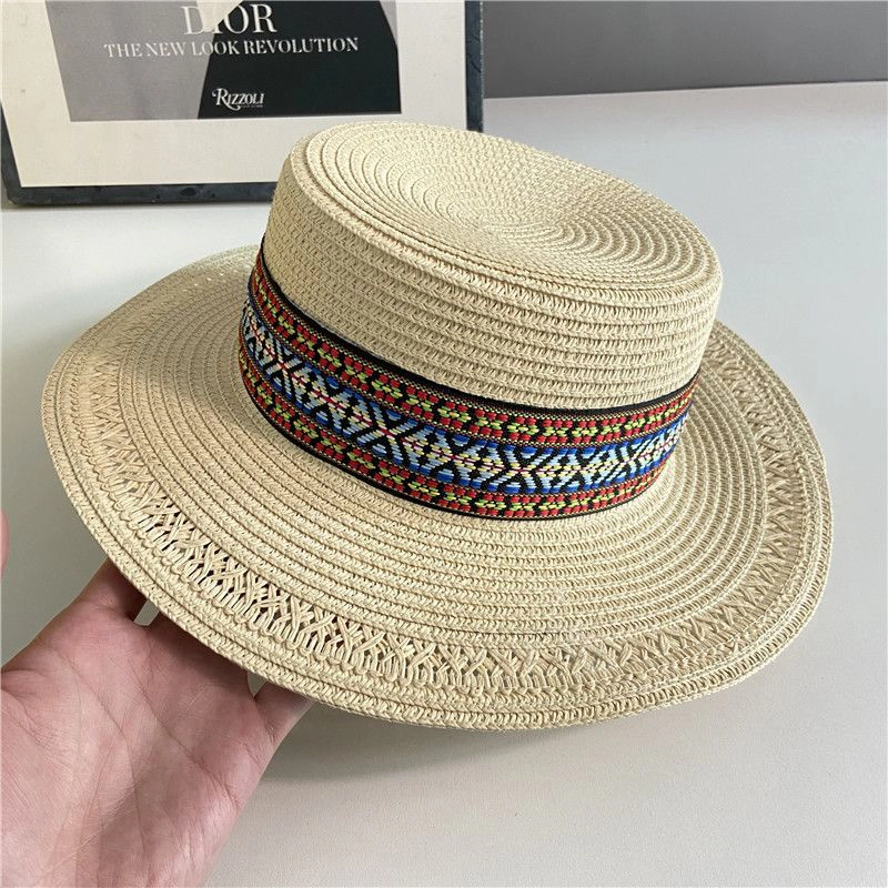 Anna-Kaci Womens Straw Boater Hat Wide Brim Summer Beach Woven Band Flat Top Sun
