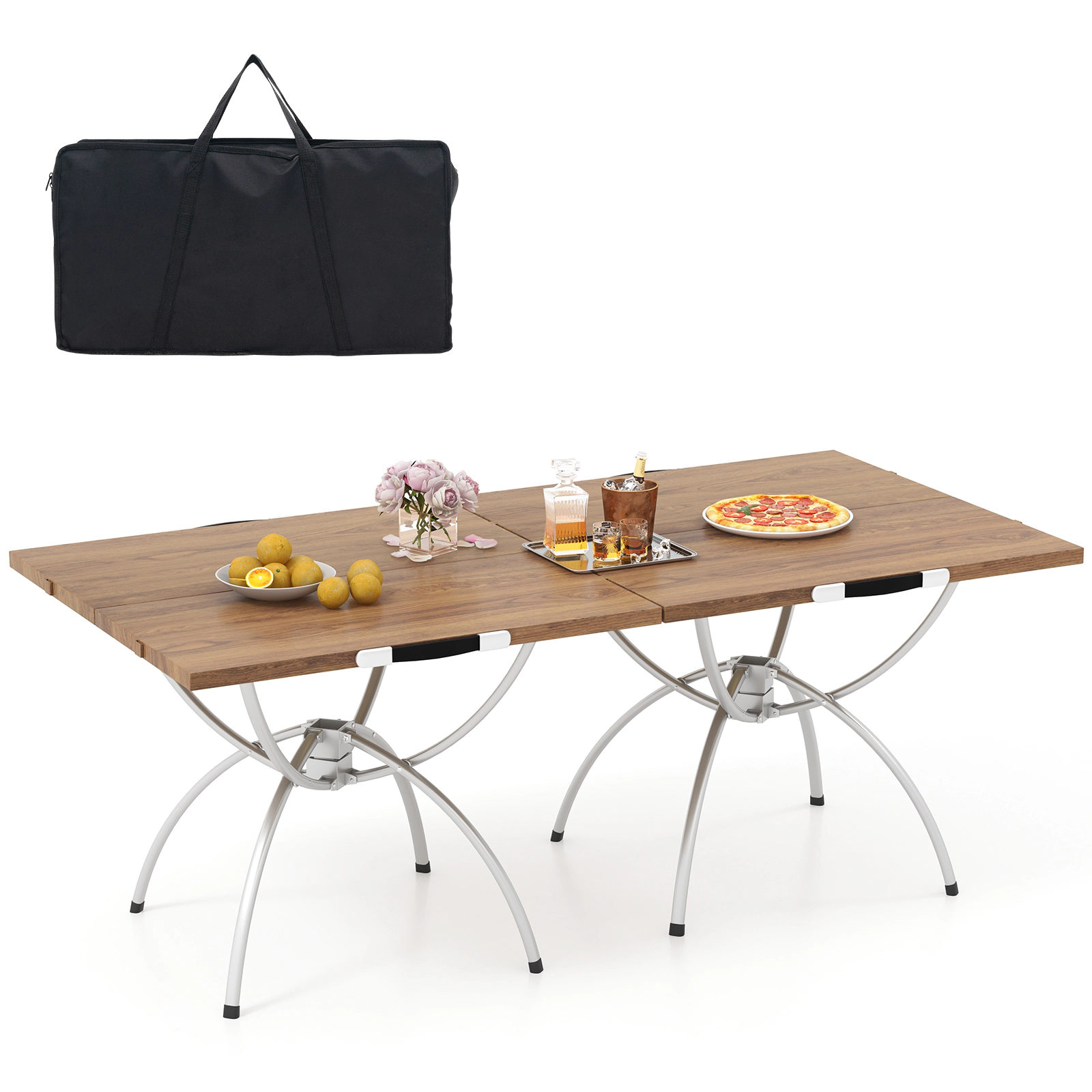 LJG Patented 2 Pack Folding Camping Table with Wood-Grain Tabletop for Hiking Party