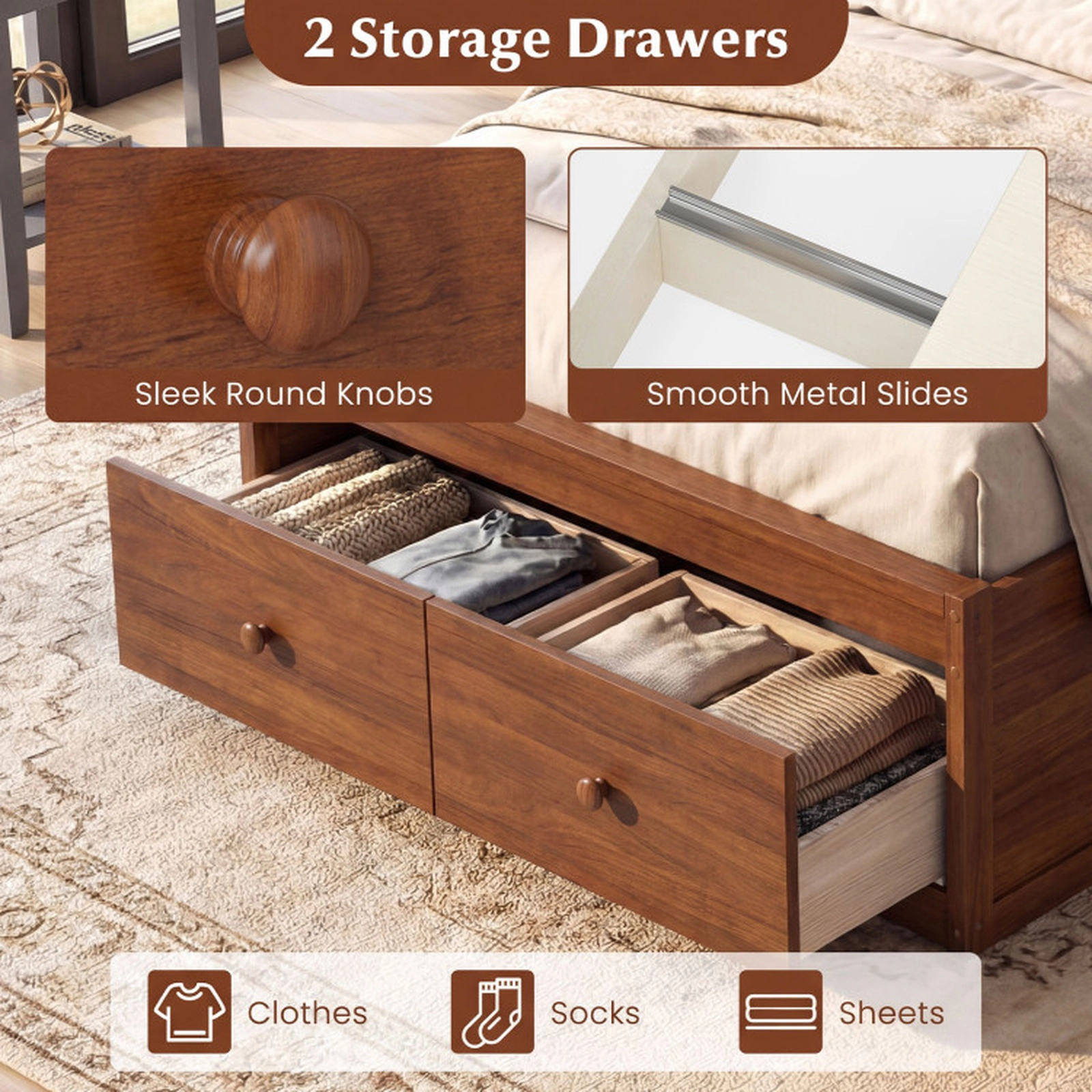 SUGIFT Twin Size Platform Bed Frame with 2 Storage Drawers 350-lb Bed Capacity Walnut