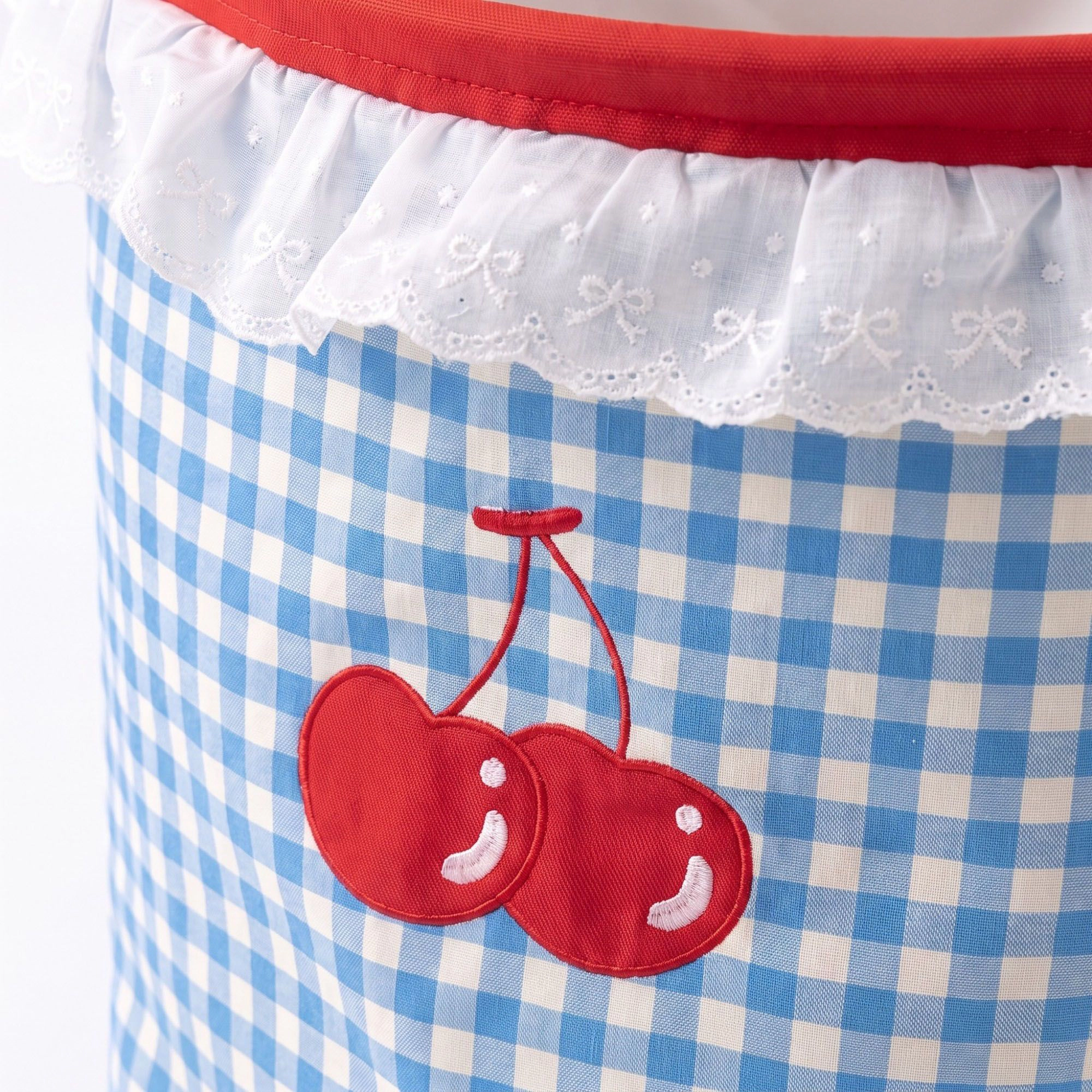 Alilang Unisex Cherry Embroidered Gingham Laundry Hamper with Lace Ruffle & Handles