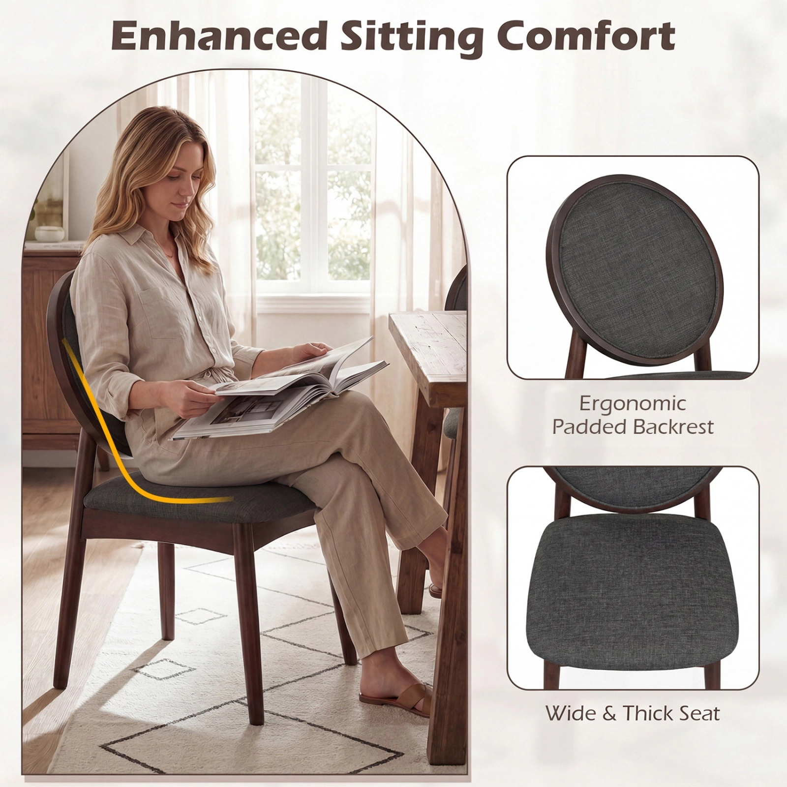 SUGIFT Set of 2 Black Linen Upholstered Dining Chairs, Mid-Century Modern