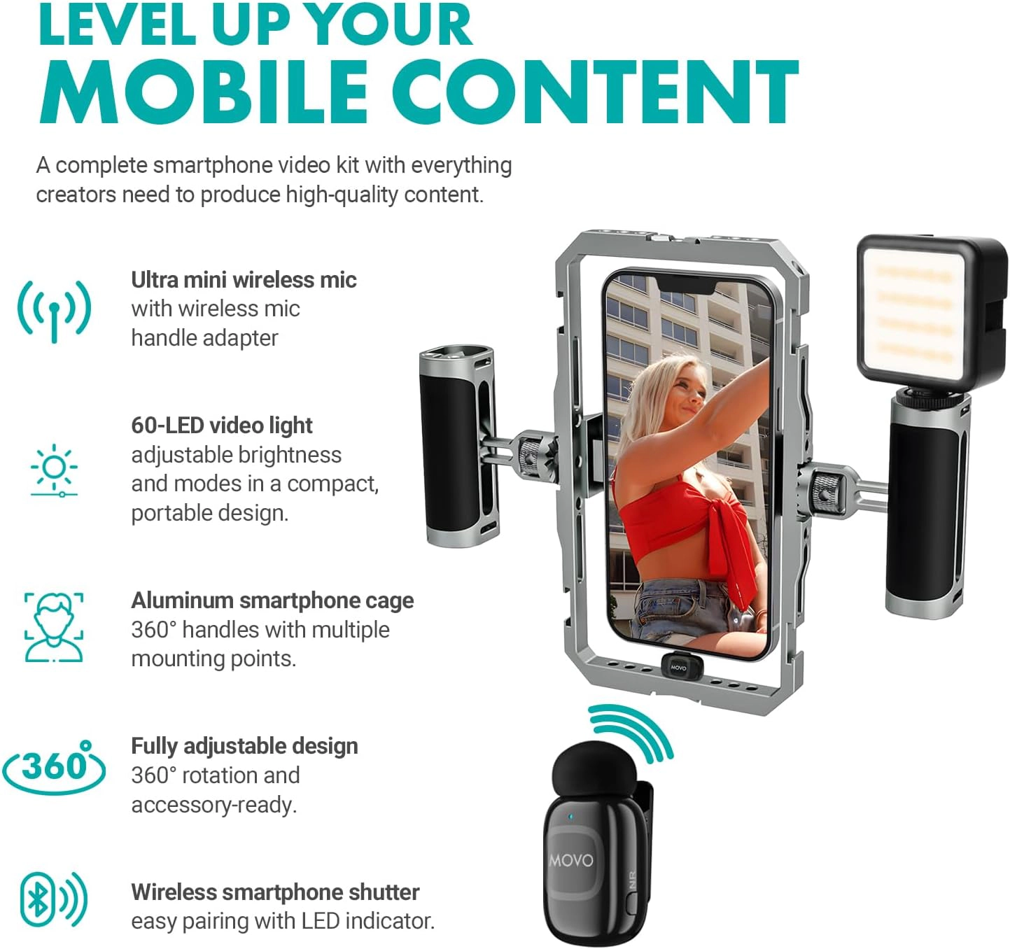 Movo iFilmer PRO Smartphone Rig with Dual Grip Cage Wireless Lavalier Mics and Tripod for iPhone and Android