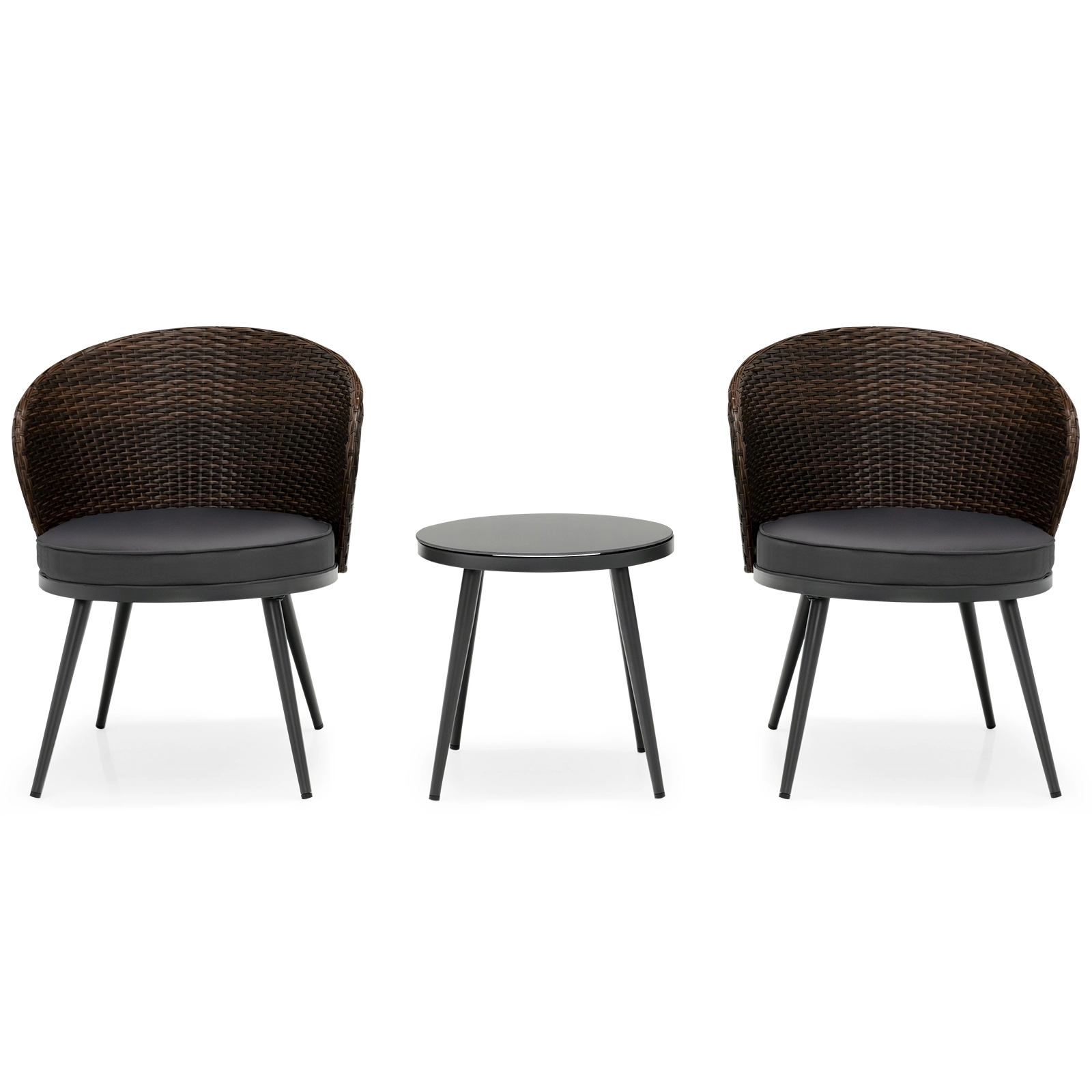 Hivvago 3 Pieces Patio Rattan Bistro Set with 2 Seat Cushions and Tempered Glass Tabletop